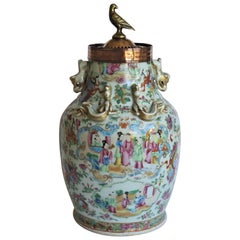 Chinese Porcelain Canton Vase Reduced to Make Potpourri Urn with Bird Top, Qing