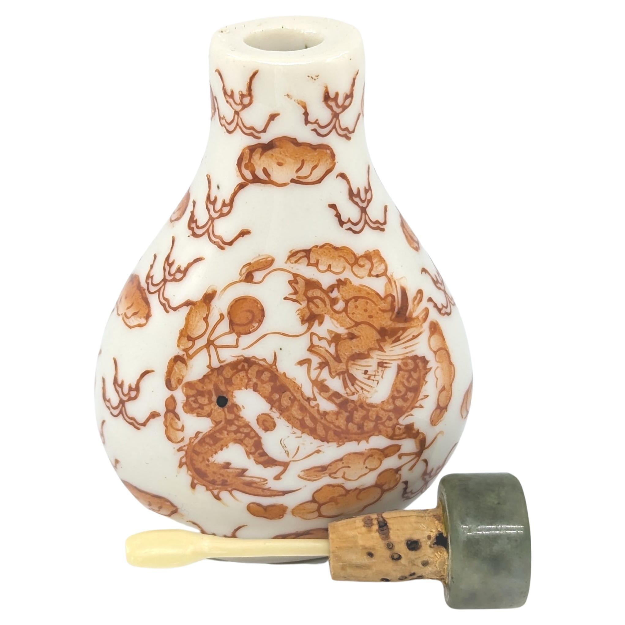 Chinese Porcelain Iron Red Dragon Snuff Bottle Jade Stopper 20th Century For Sale 4