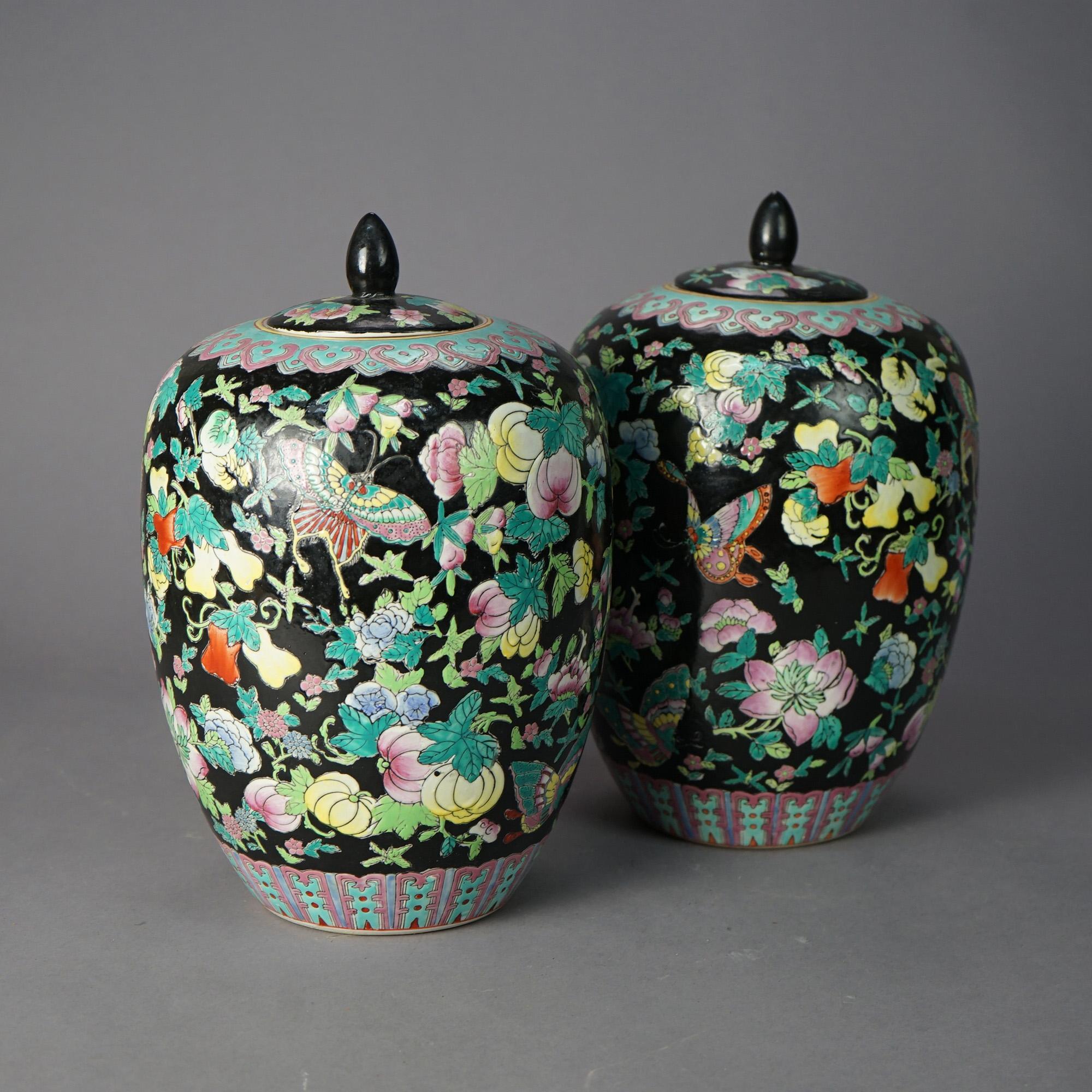 Chinese Porcelain Covered Urn Jars with Garden Motif, 20th C In Good Condition In Big Flats, NY