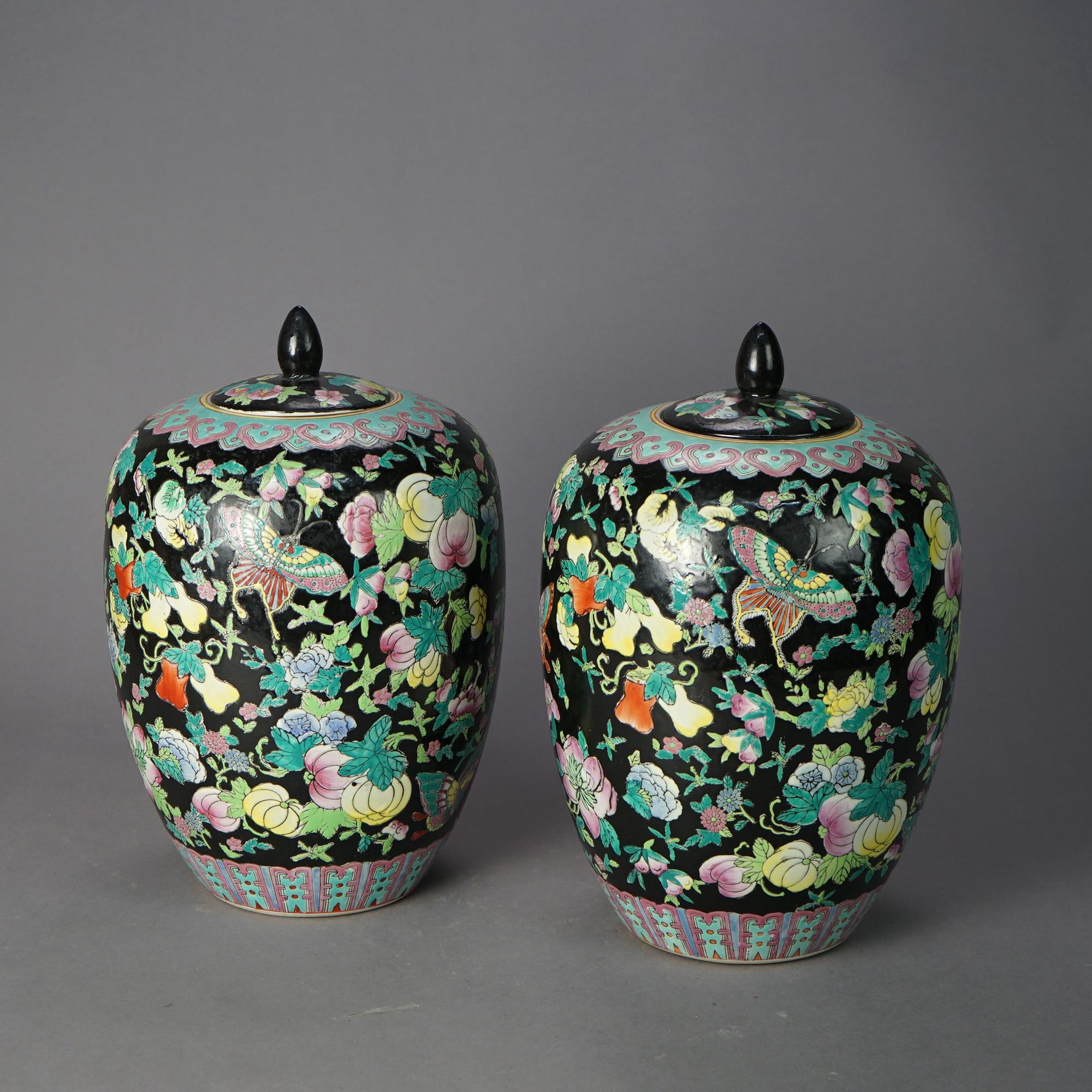 20th Century Chinese Porcelain Covered Urn Jars with Garden Motif, 20th C