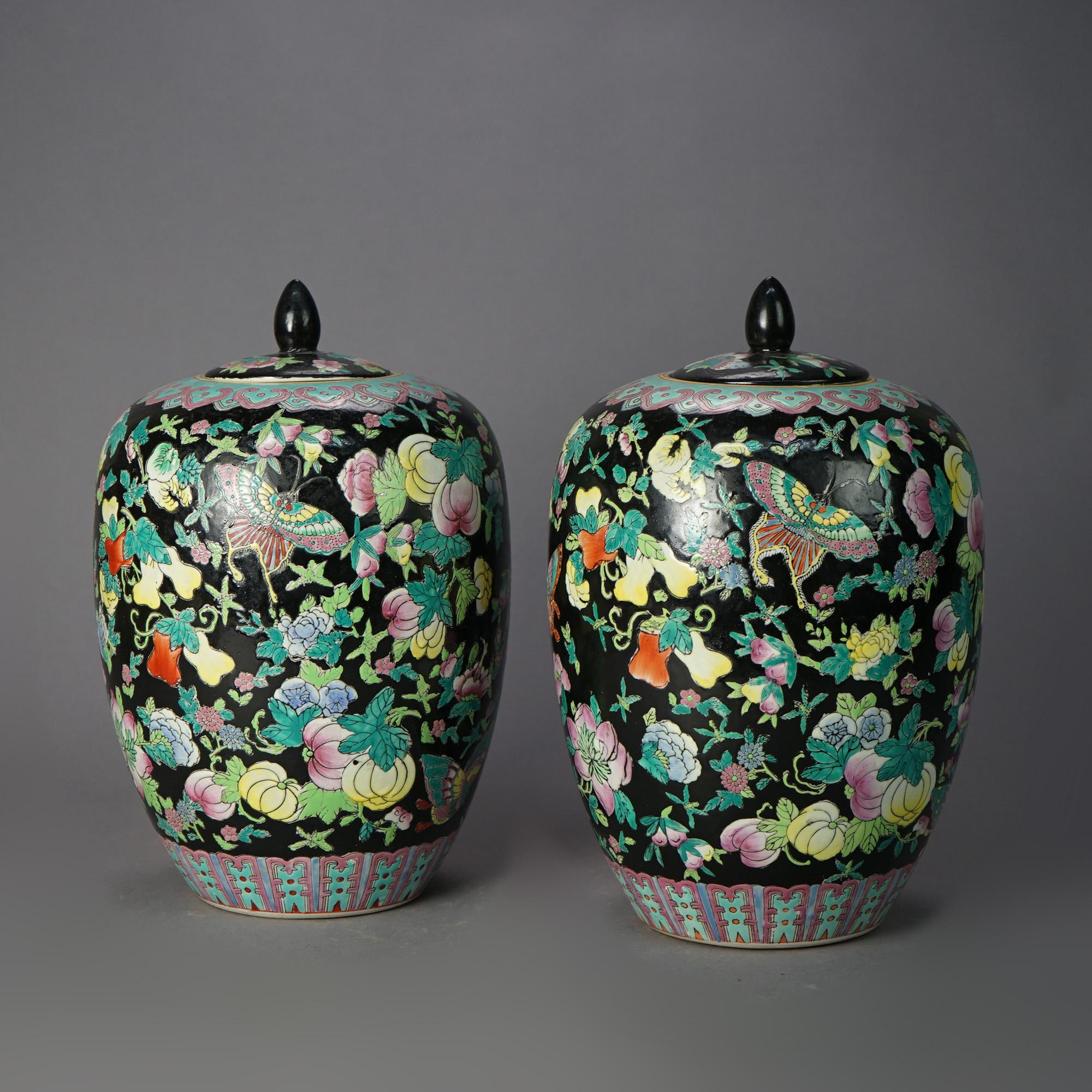 Chinese Porcelain Covered Urn Jars with Garden Motif, 20th C 1