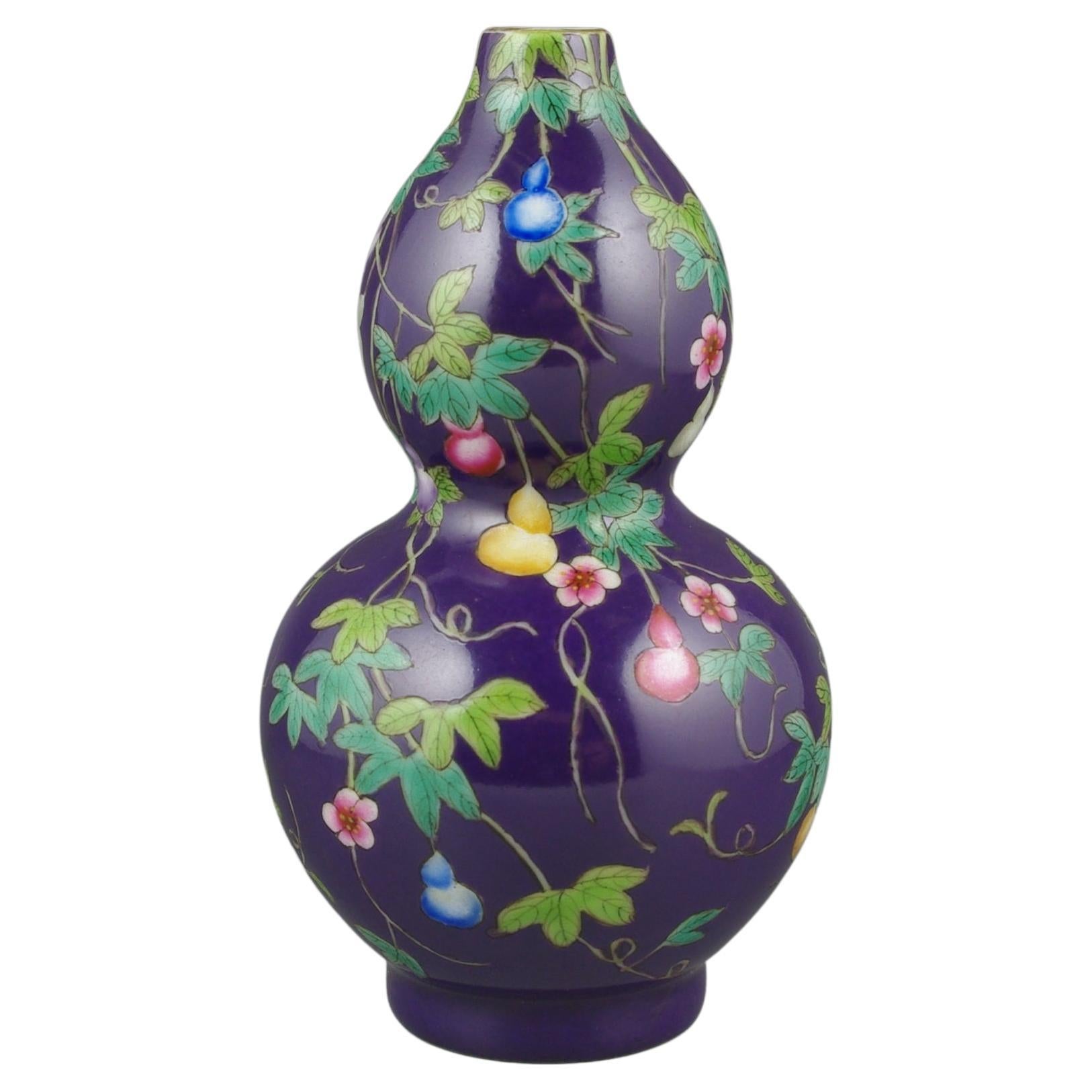 Qing Chinese Porcelain Decorated Hulu Double Gourd Vase Aubergine Glazed Late 20c  For Sale
