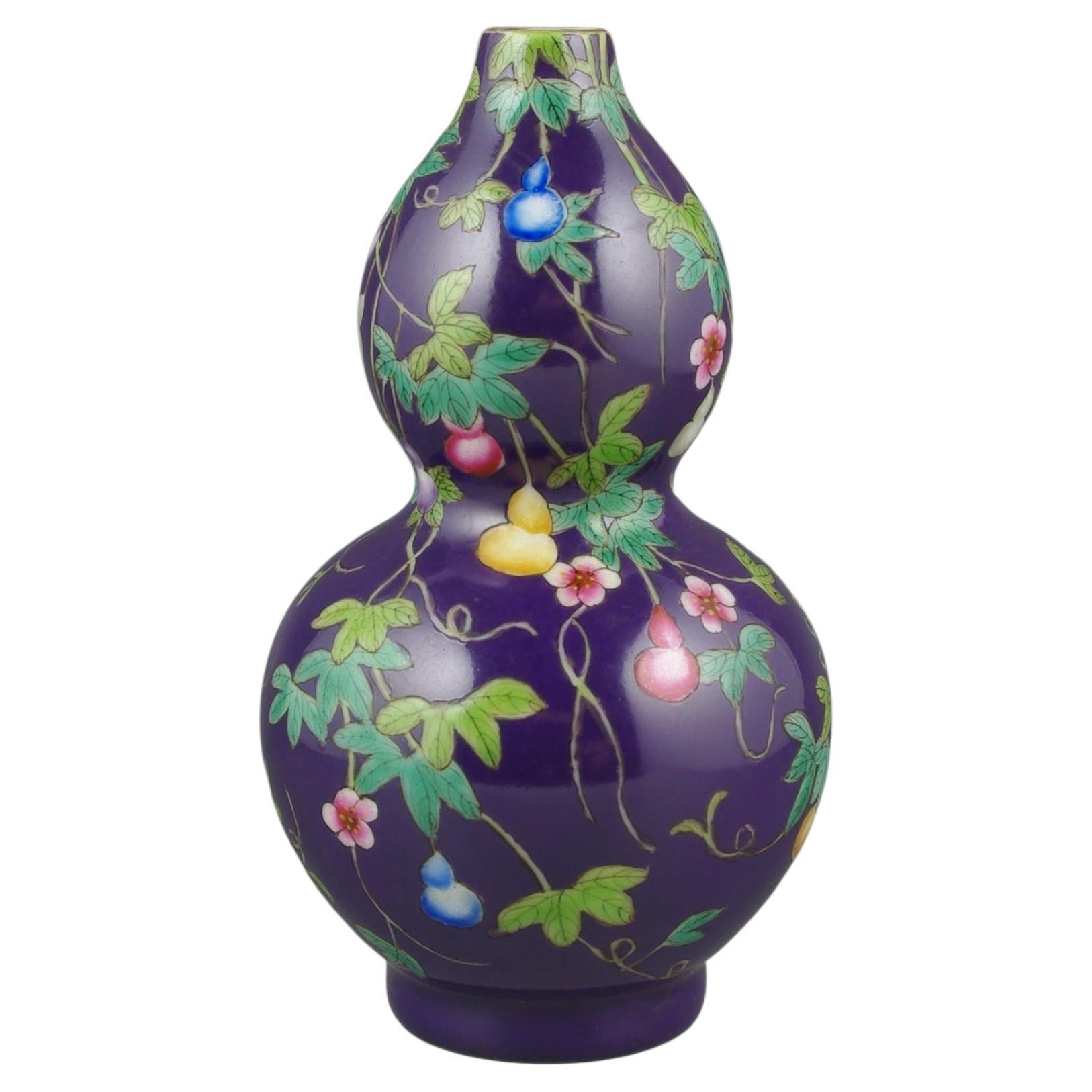 Qing Chinese Porcelain Decorated Hulu Double Gourd Vase Aubergine Glazed Late 20c For Sale