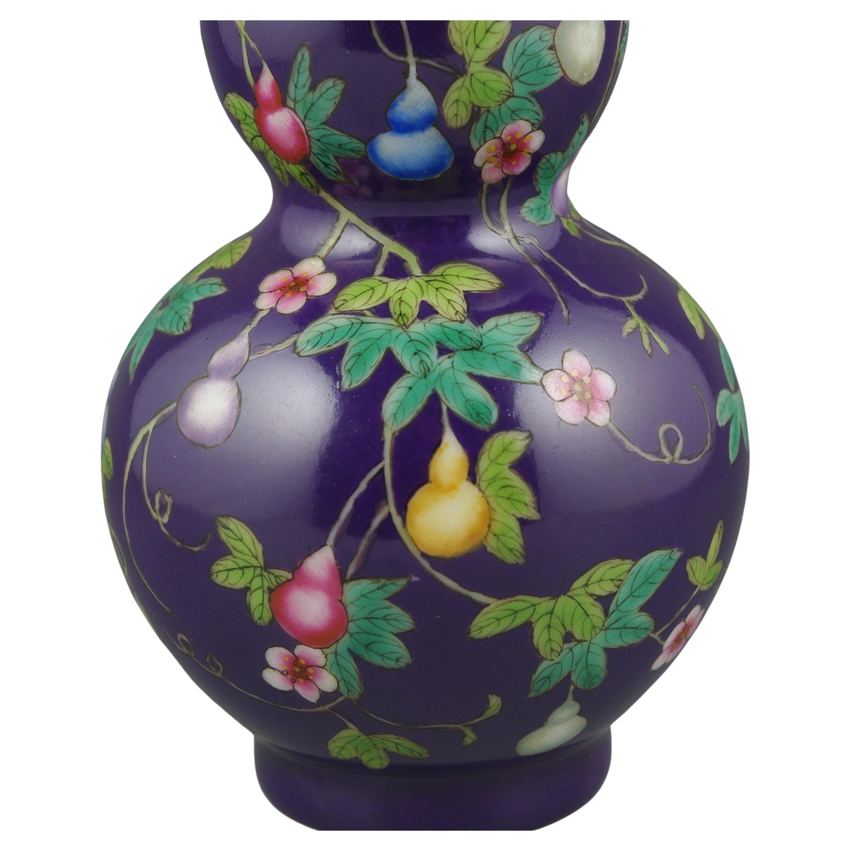 20th Century Chinese Porcelain Decorated Hulu Double Gourd Vase Aubergine Glazed Late 20c  For Sale