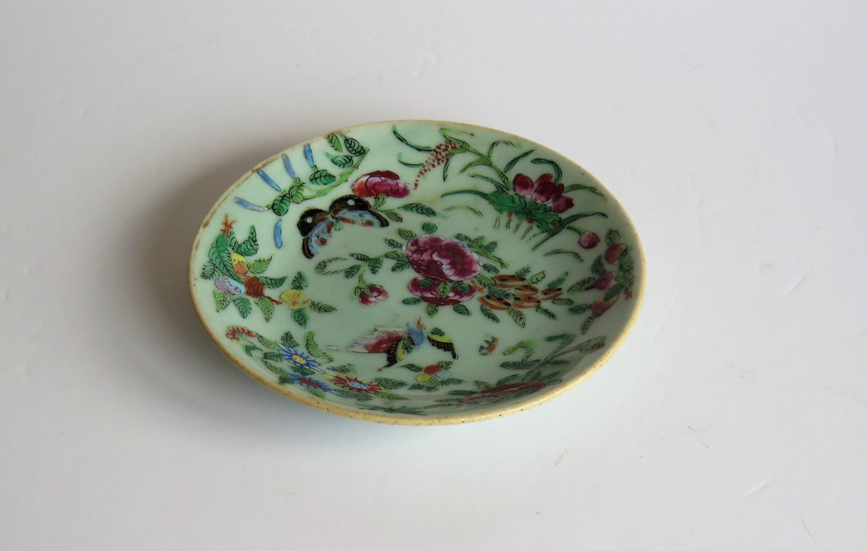19th Century Chinese Porcelain Dish or Plate Celadon Glaze Hand Painted, Qing, circa 1820 