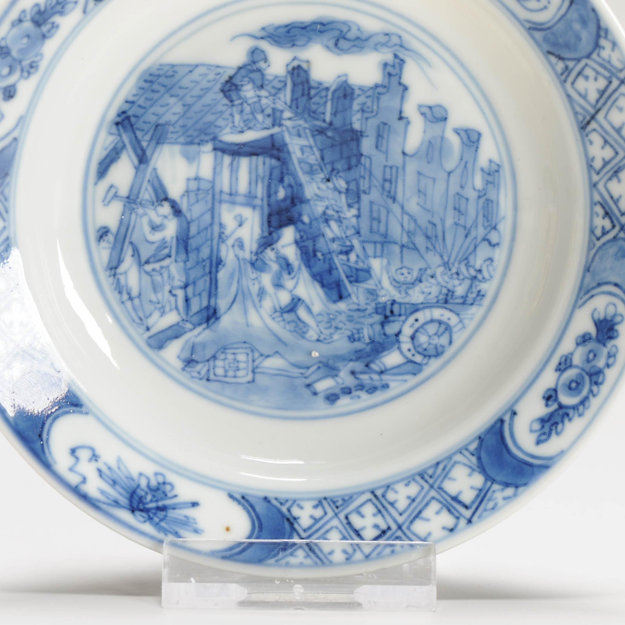 Very nice set of small saucer dishes with the well known and interesting scene of the Kostermann riot / Riot of Rotterdam (some historical information below with also an original print of the riot). We already have an example of larger size but