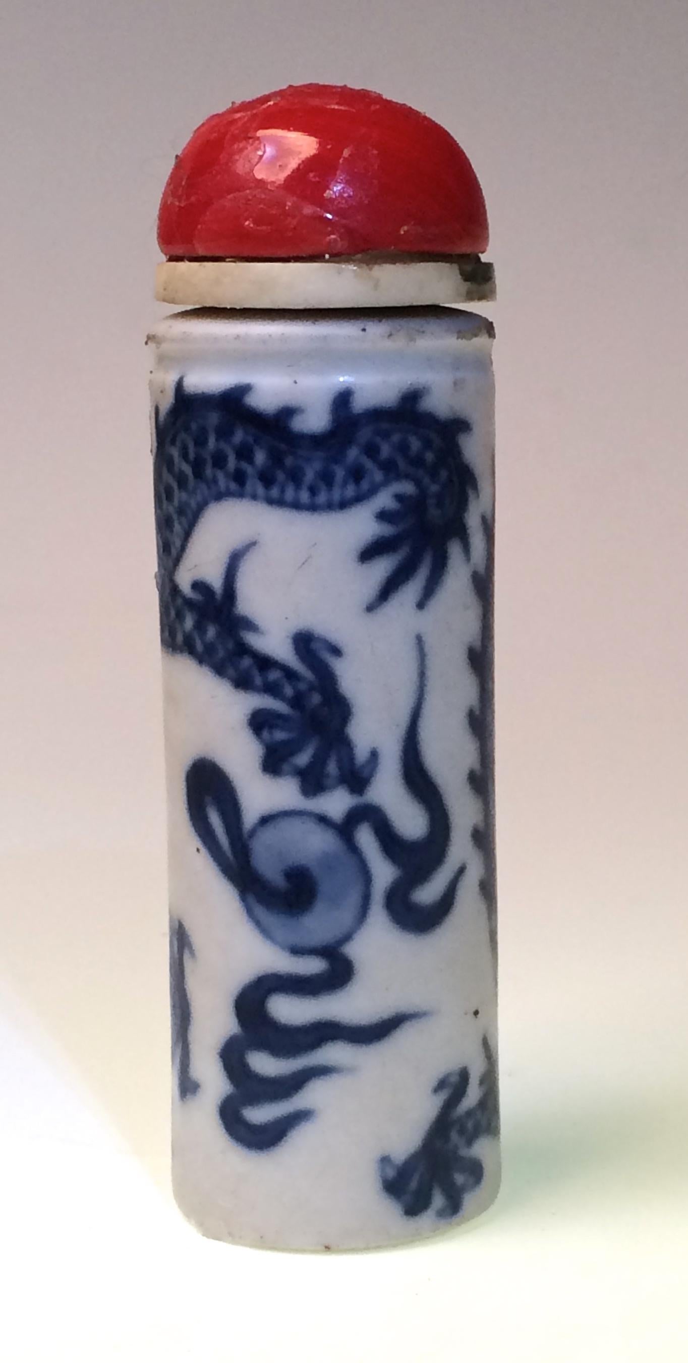 Glazed Chinese Porcelain Dragon Pillar Snuff Bottle, 19th Century For Sale