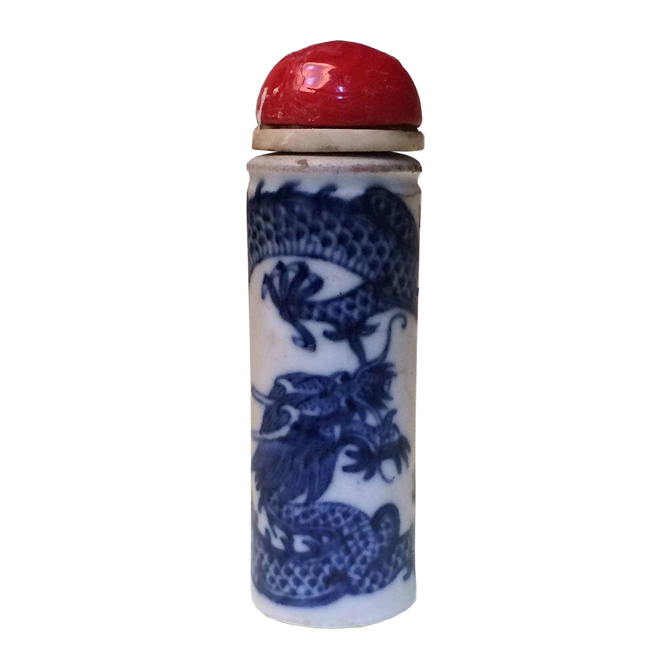 Chinese Porcelain Dragon Pillar Snuff Bottle, 19th Century For Sale