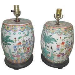 Vintage Chinese Porcelain Drum Form Lamps