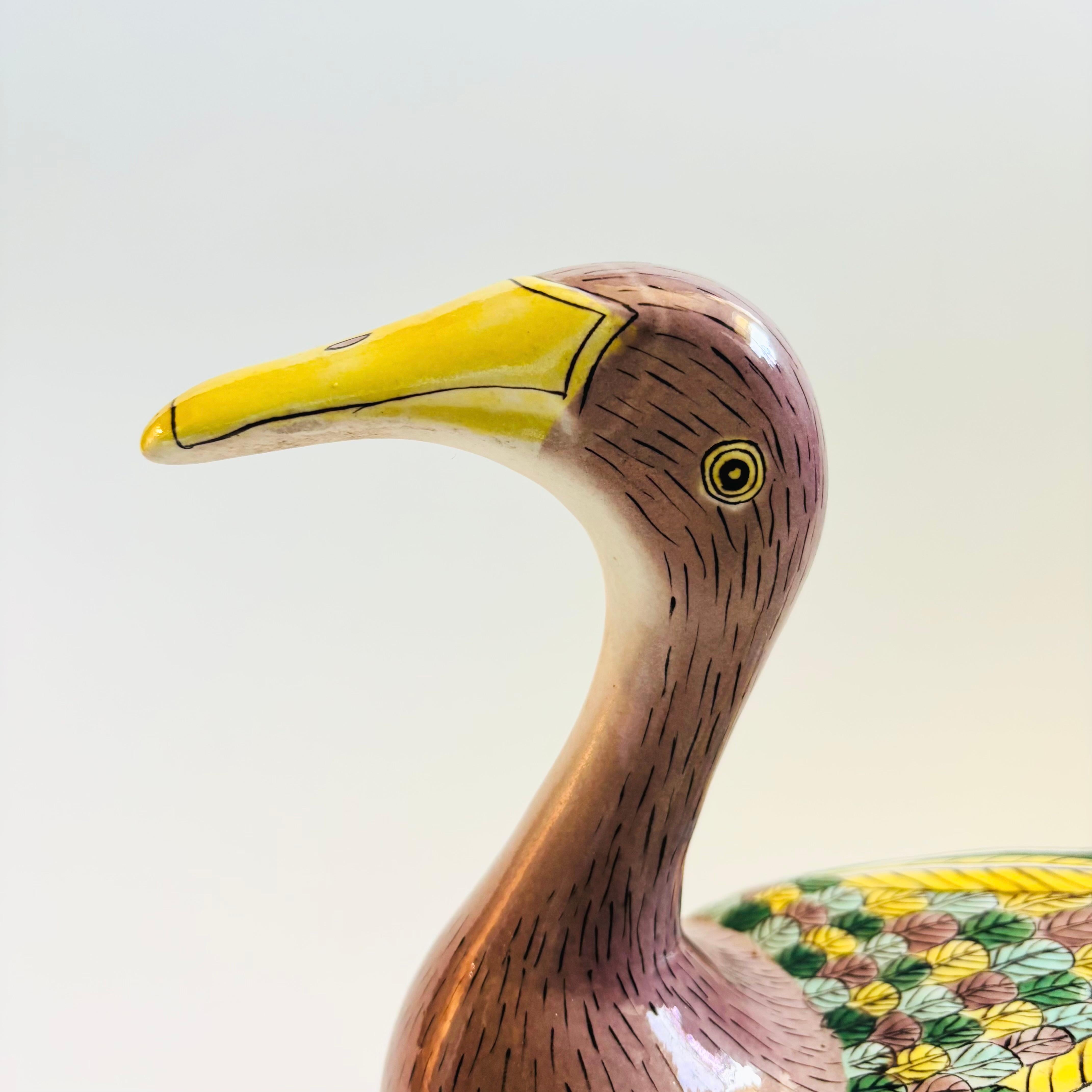 American Chinese Porcelain Duck Tureen on Carved Wood Stand For Sale
