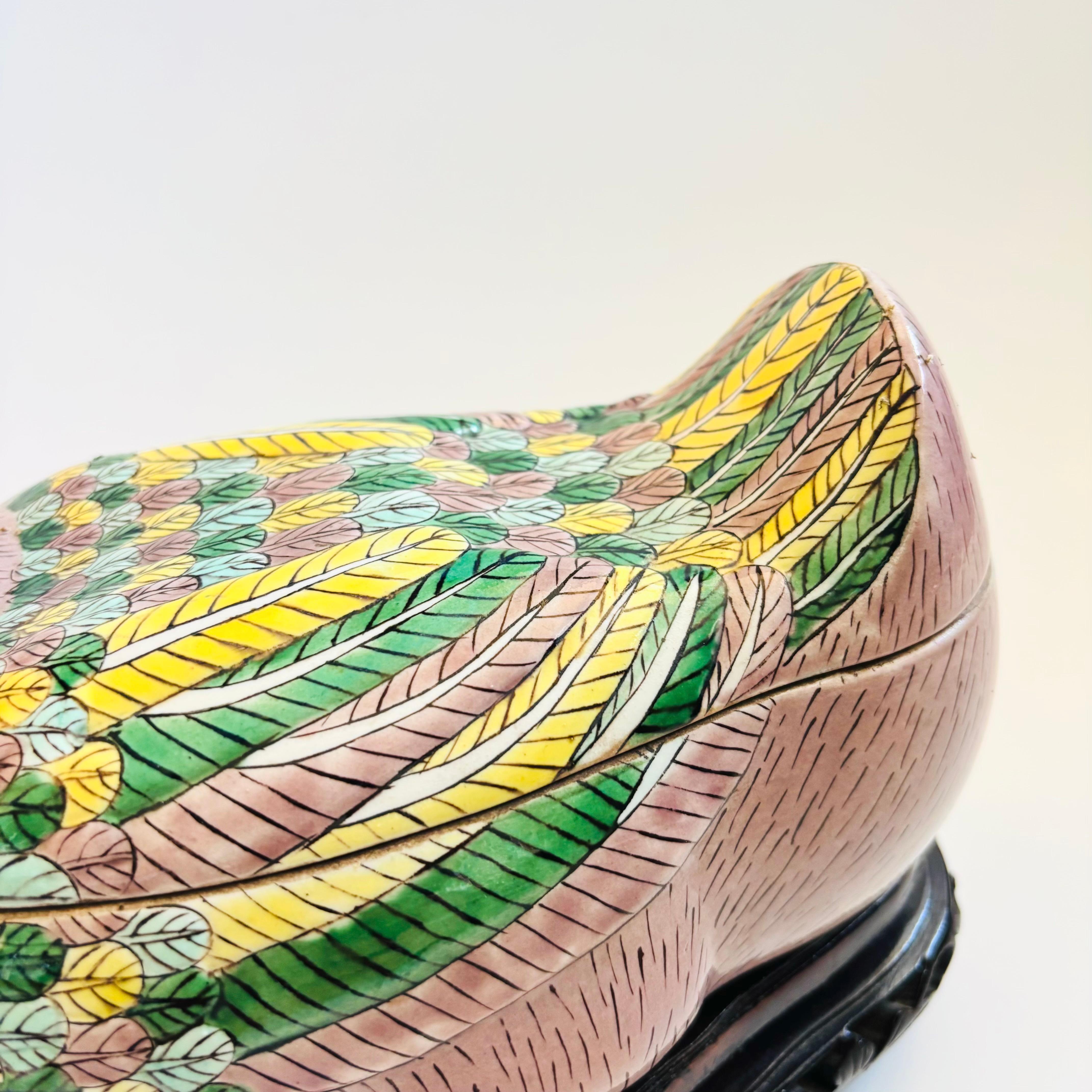 Chinese Porcelain Duck Tureen on Carved Wood Stand In Good Condition For Sale In Fairfield, CA