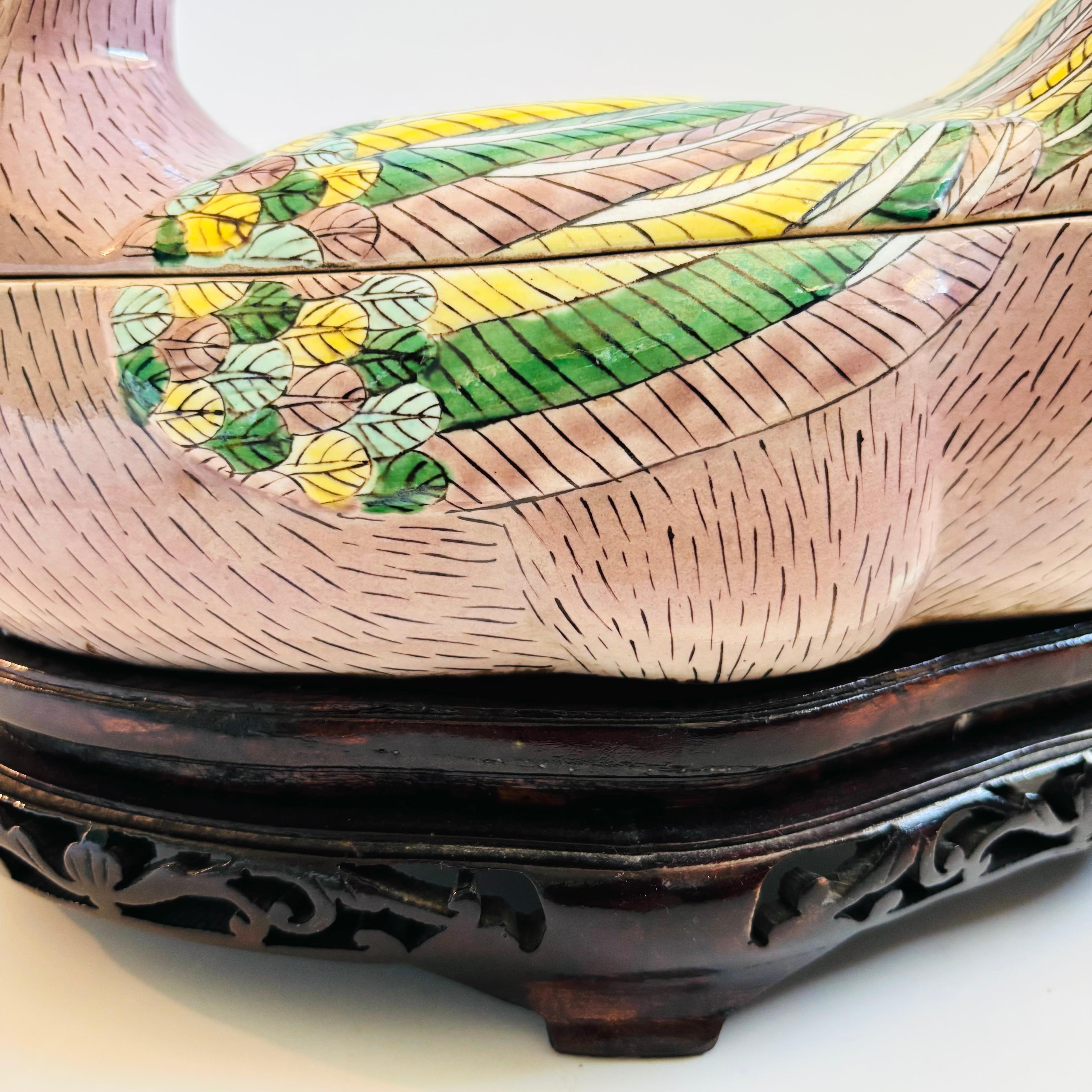20th Century Chinese Porcelain Duck Tureen on Carved Wood Stand For Sale