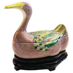 Chinese Porcelain Duck Tureen on Carved Wood Stand