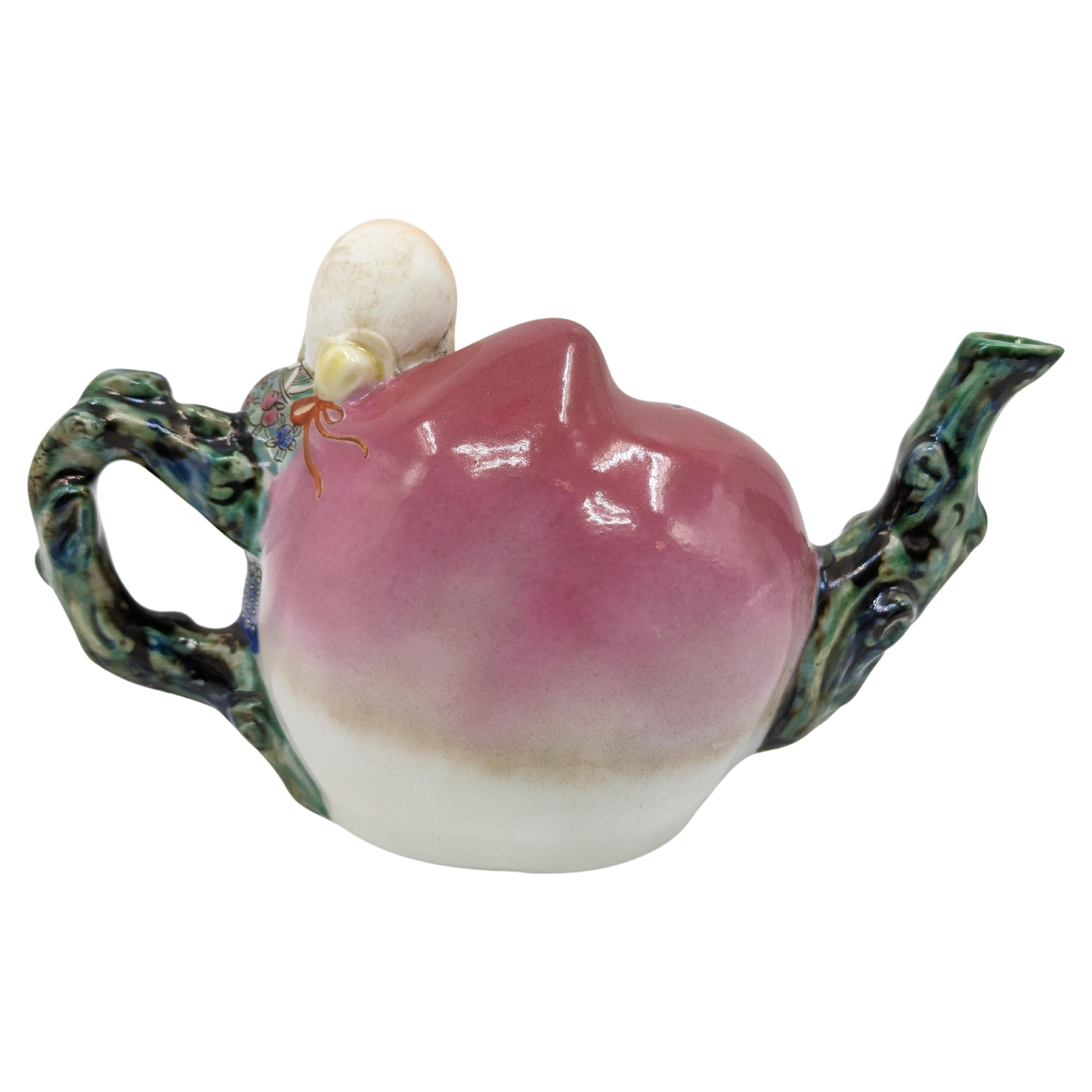 20th Century Chinese Porcelain Famille Rose Fencai Peach Sage Ewer Fu Jian Hui Guan Mark 20c For Sale