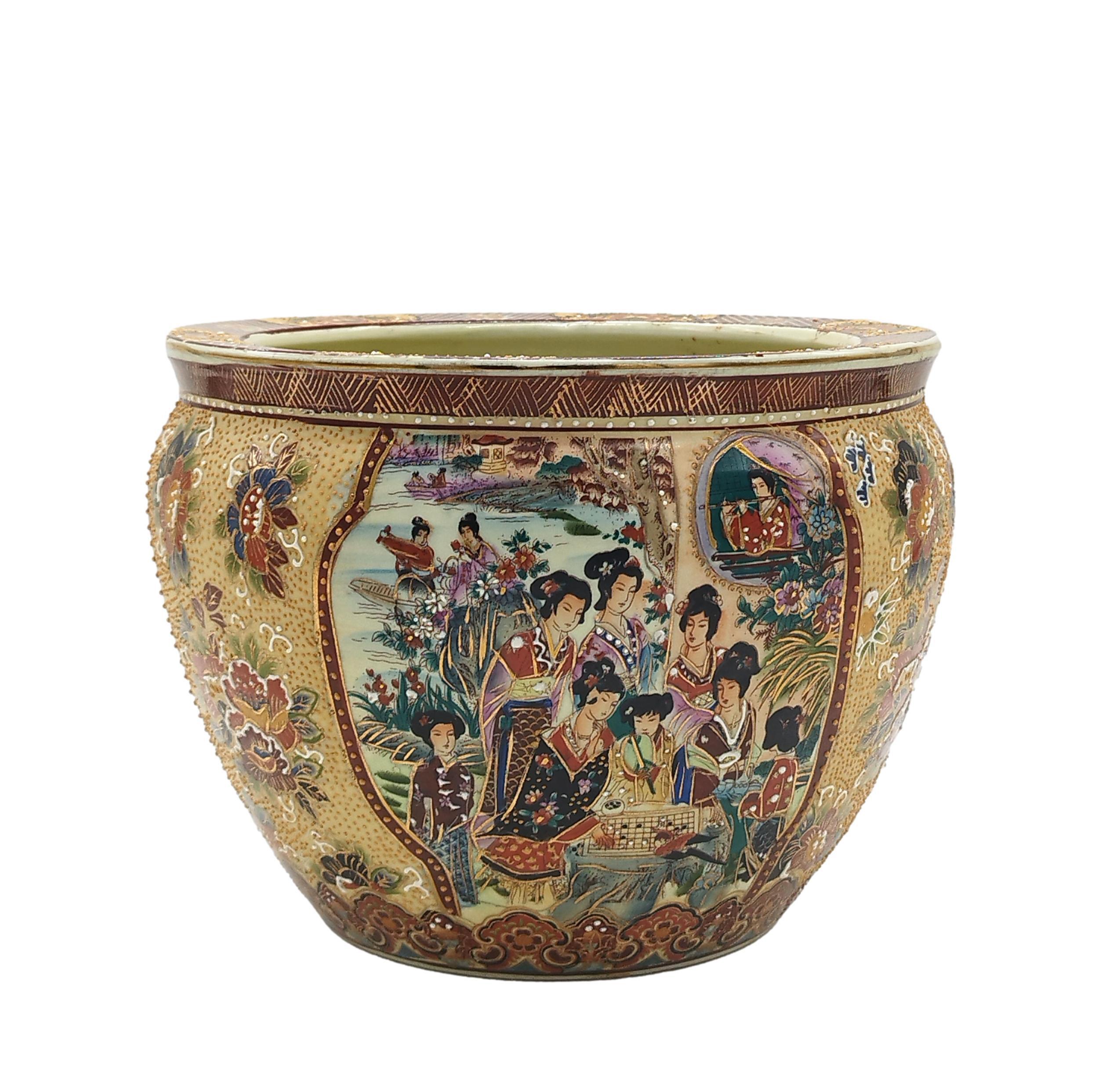 Hand-painted Chinese porcelain garden vase or fish bowl depicting Chinese women in Kimonos, nature and flowers. The interior, also painted, depicts fish and seaweed.