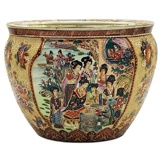 Chinese Porcelain Fish Bowl or Planter with Oriental Decorations, China, 1960s For Sale