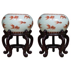 Vintage Chinese Porcelain Fish Bowls on Rosewood Stands