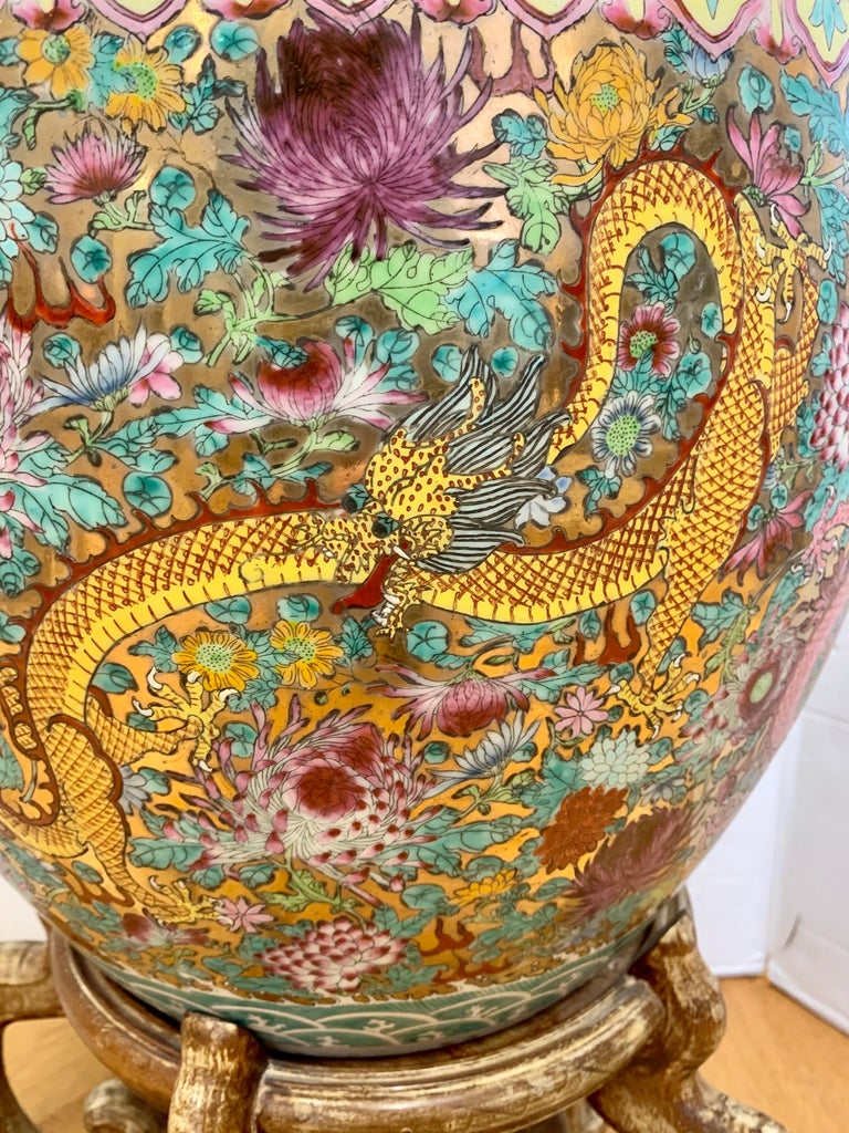 Chinese Porcelain Fishbowl Planter with Dragons on Carved Pedestal