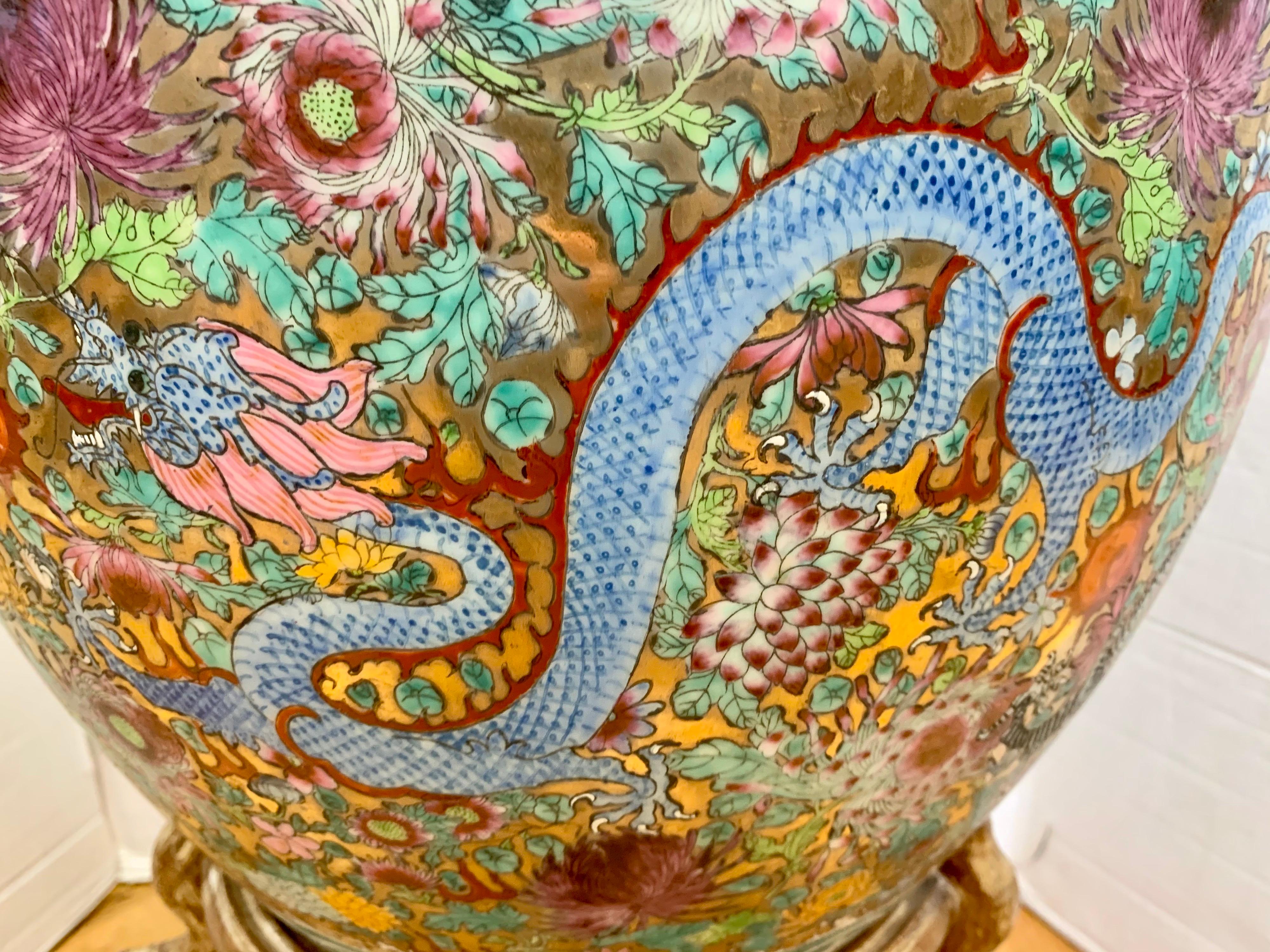 Chinese Export Chinese Porcelain Fishbowl Planter with Dragons on Carved Pedestal Stand
