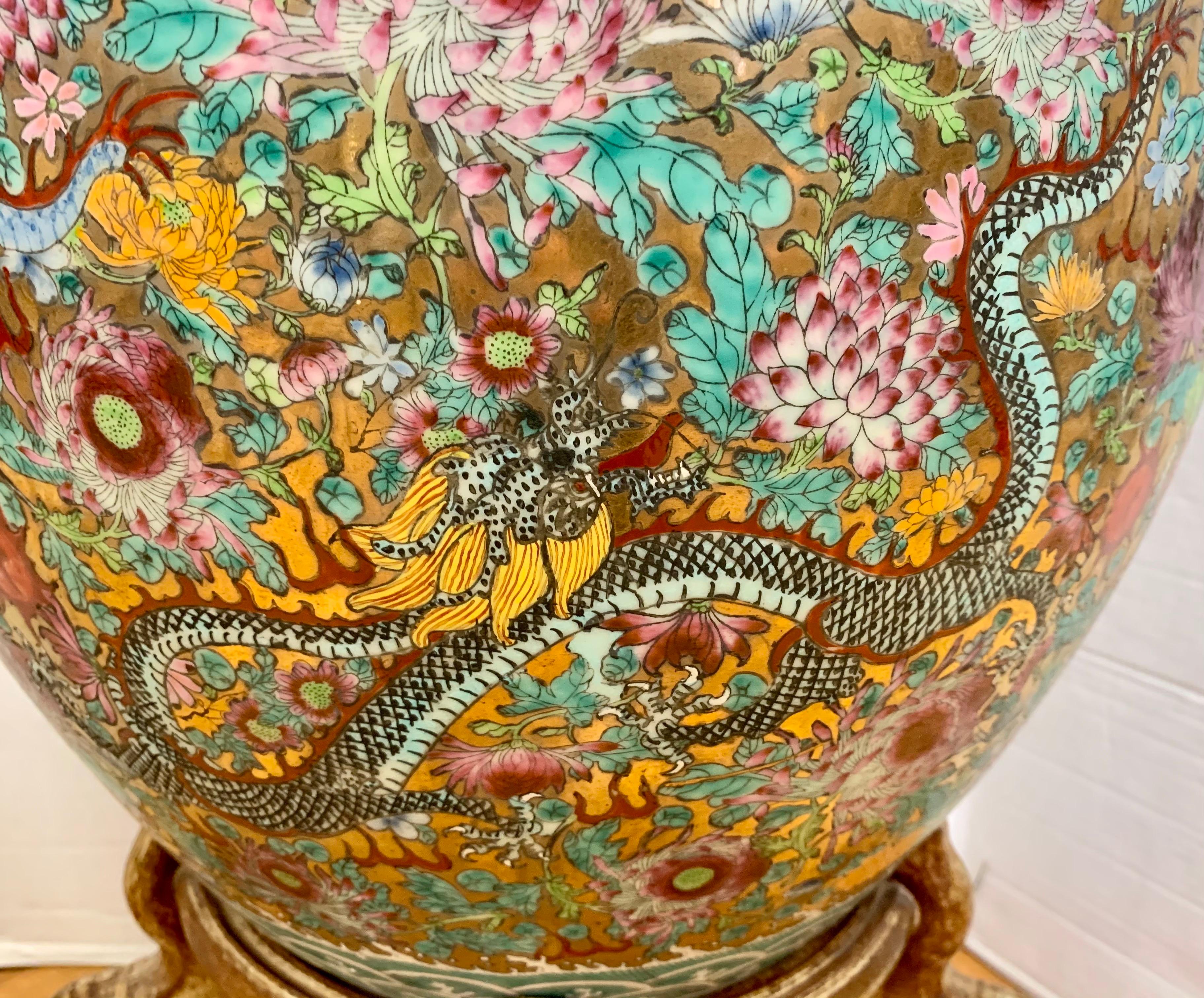 20th Century Chinese Porcelain Fishbowl Planter with Dragons on Carved Pedestal Stand
