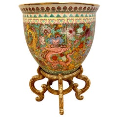 Antique Chinese Porcelain Fishbowl Planter with Dragons on Carved Pedestal Stand