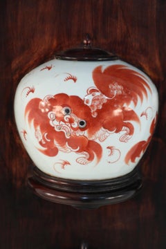 Chinese Porcelain Foo Dog Split Vase Wooden Wall Plaque