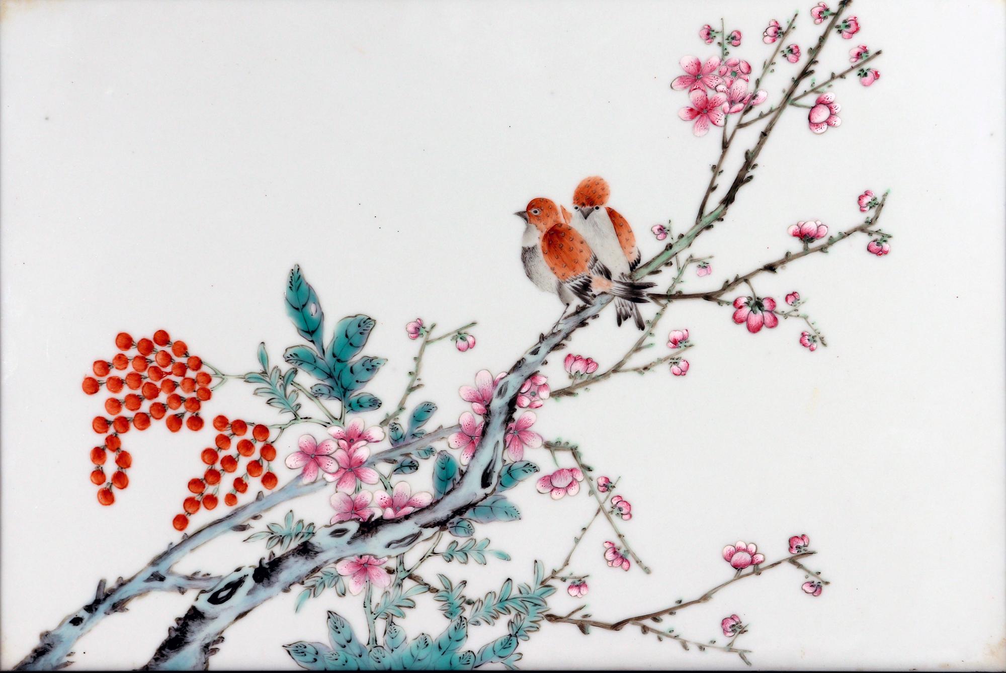 Chinese Porcelain Framed Famille Rose Pair of Plaques of Birds with Prunus and Cherry Trees,
20th Century

The beautiful large plaque, in a horizontal format, depicts a pair of birds  perched on a flowering branch with pink flowers with a second