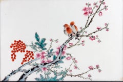 Chinese Porcelain Framed Famille Rose Plaque of Birds with Prunus and Cherry