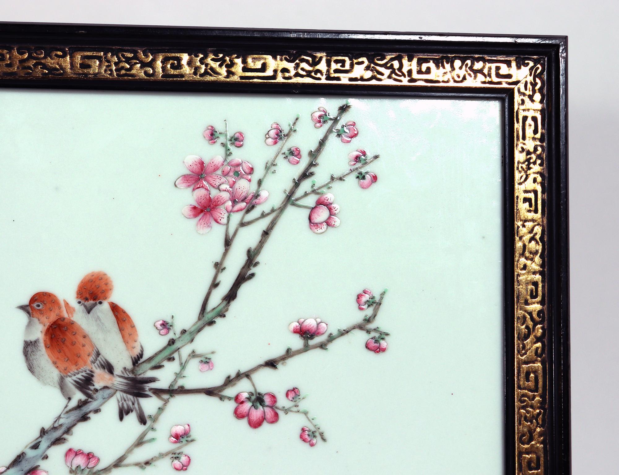 20th Century Chinese Porcelain Framed Famille Rose Plaque of Birds with Prunus and Cherry For Sale