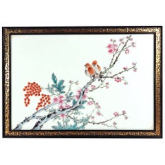 Chinese Porcelain Framed Famille Rose Plaque of Birds with Prunus and Cherry