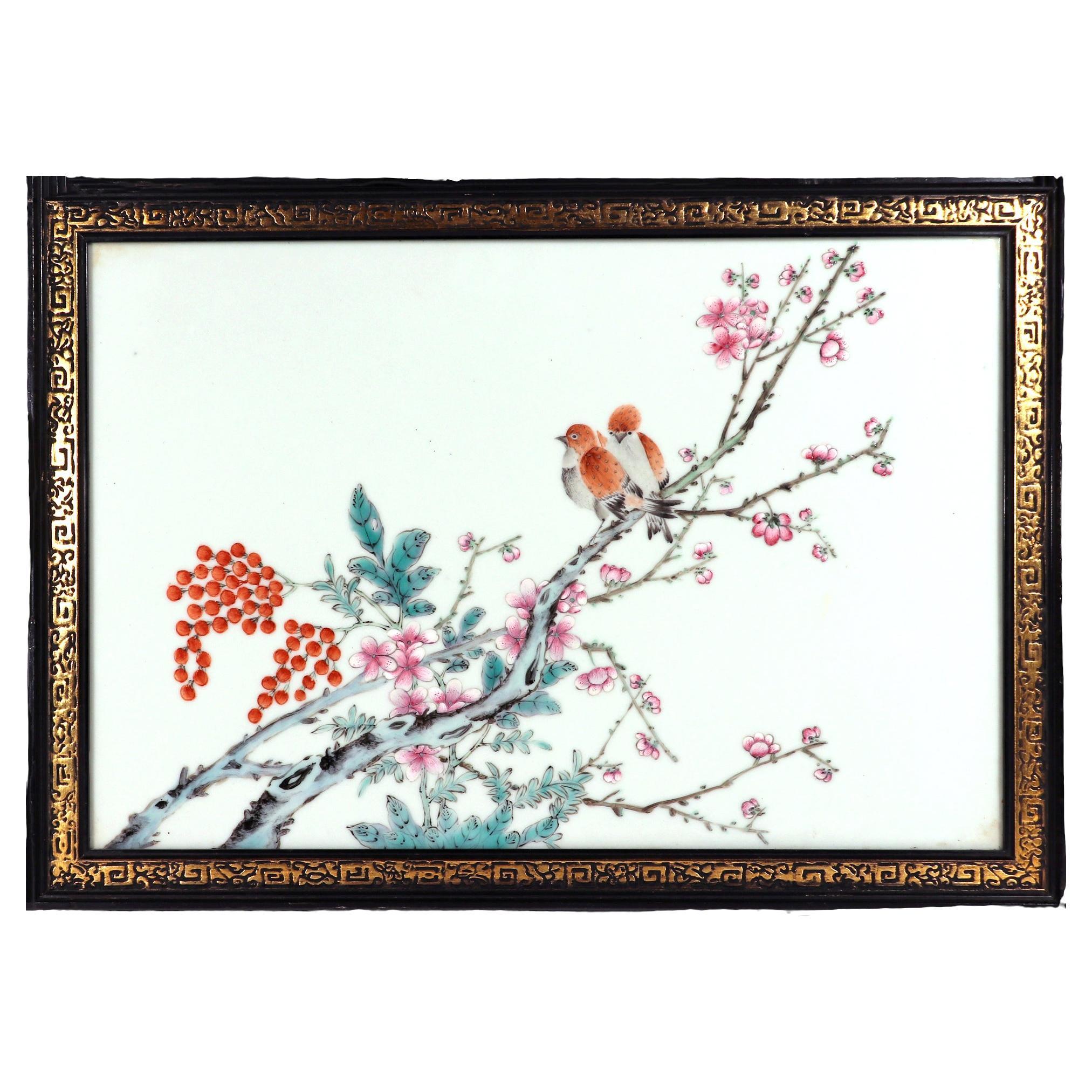 Chinese Porcelain Framed Famille Rose Plaque of Birds with Prunus and Cherry For Sale