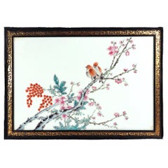 Vintage Chinese Porcelain Framed Famille Rose Plaque of Birds with Prunus and Cherry