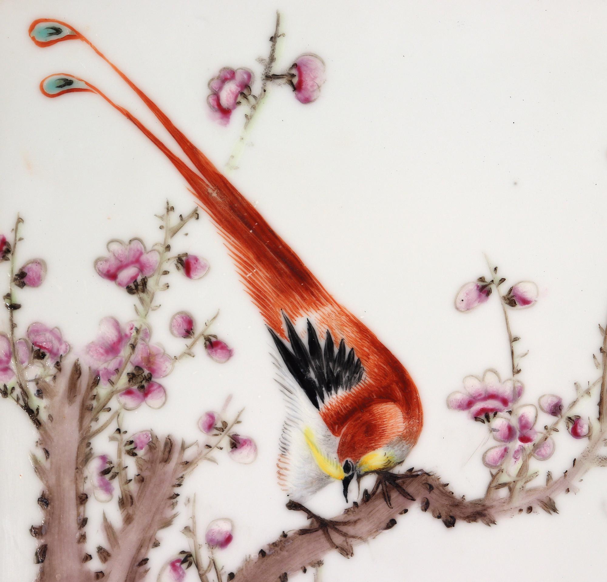 20th Century Chinese Porcelain Framed Famille Rose Plaque of Golden Pheasant on a Tree Branch For Sale