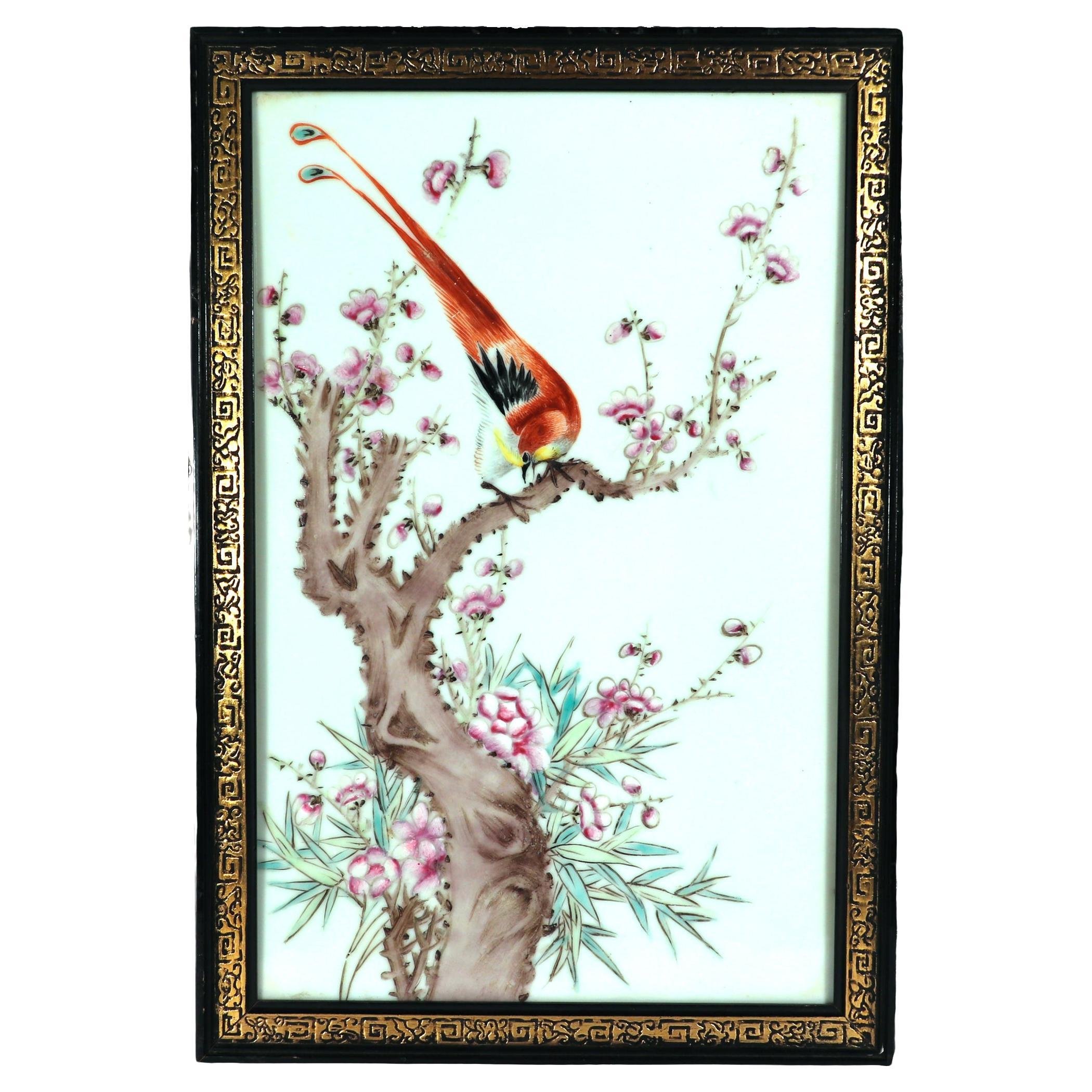 Chinese Porcelain Framed Famille Rose Plaque of Golden Pheasant on a Tree Branch