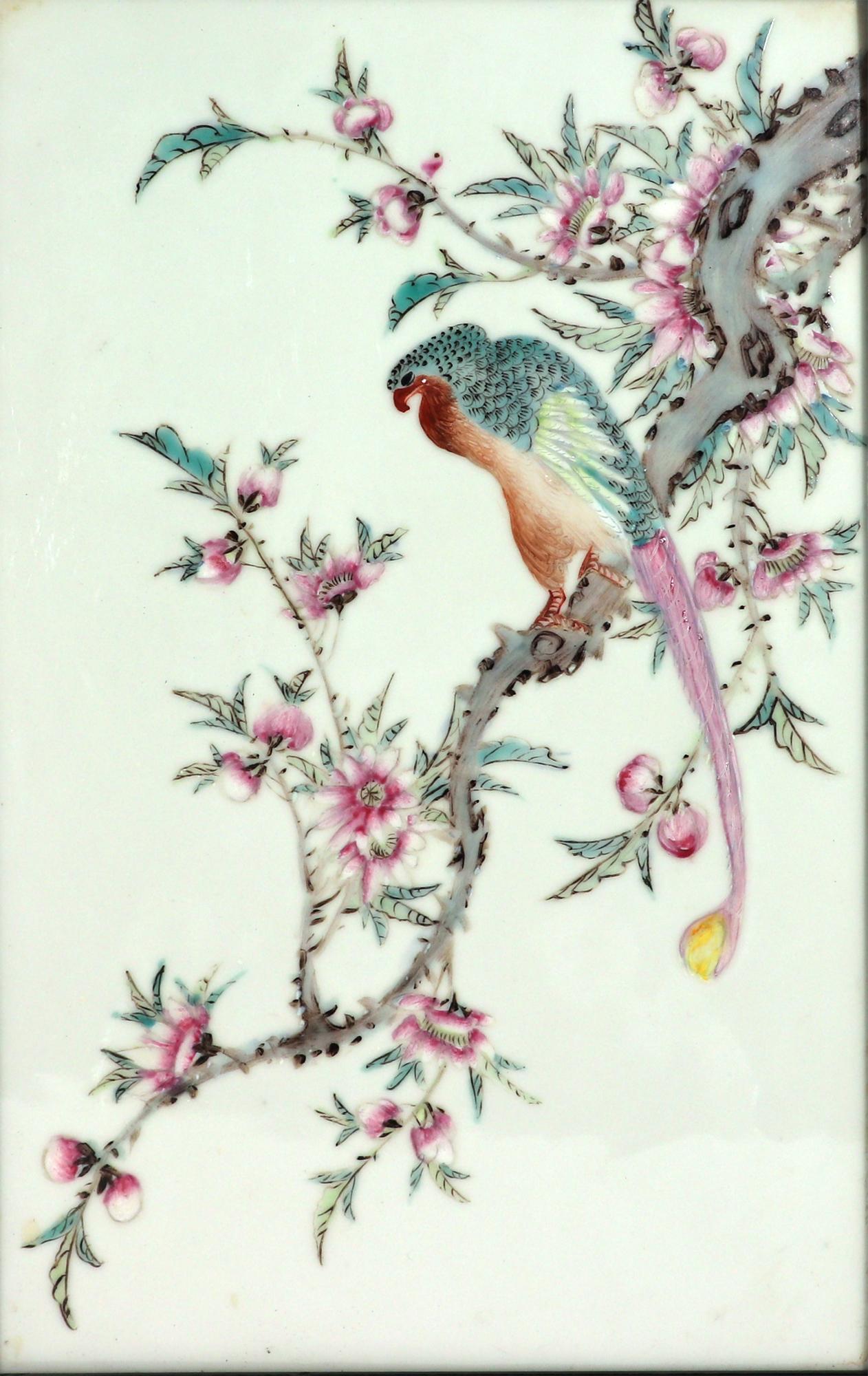 Chinese Export Chinese Porcelain Framed Famille Rose Plaque of Long Tailed Hawk on a Rose Tree  For Sale