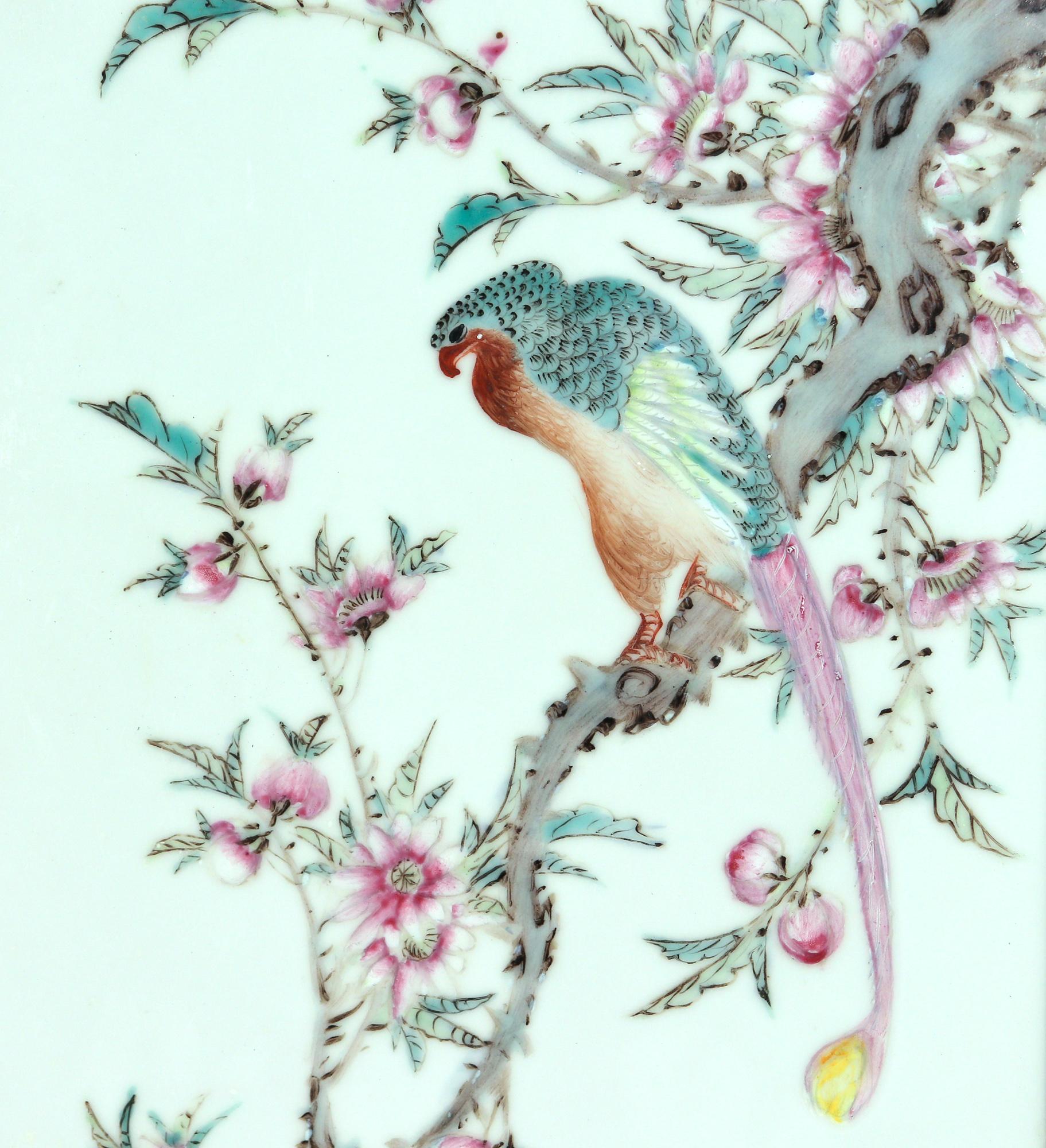 Chinese Porcelain Framed Famille Rose Plaque of Long Tailed Hawk on a Rose Tree  In Good Condition For Sale In Downingtown, PA
