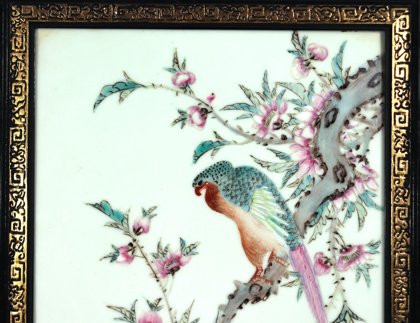 20th Century Chinese Porcelain Framed Famille Rose Plaque of Long Tailed Hawk on a Rose Tree  For Sale