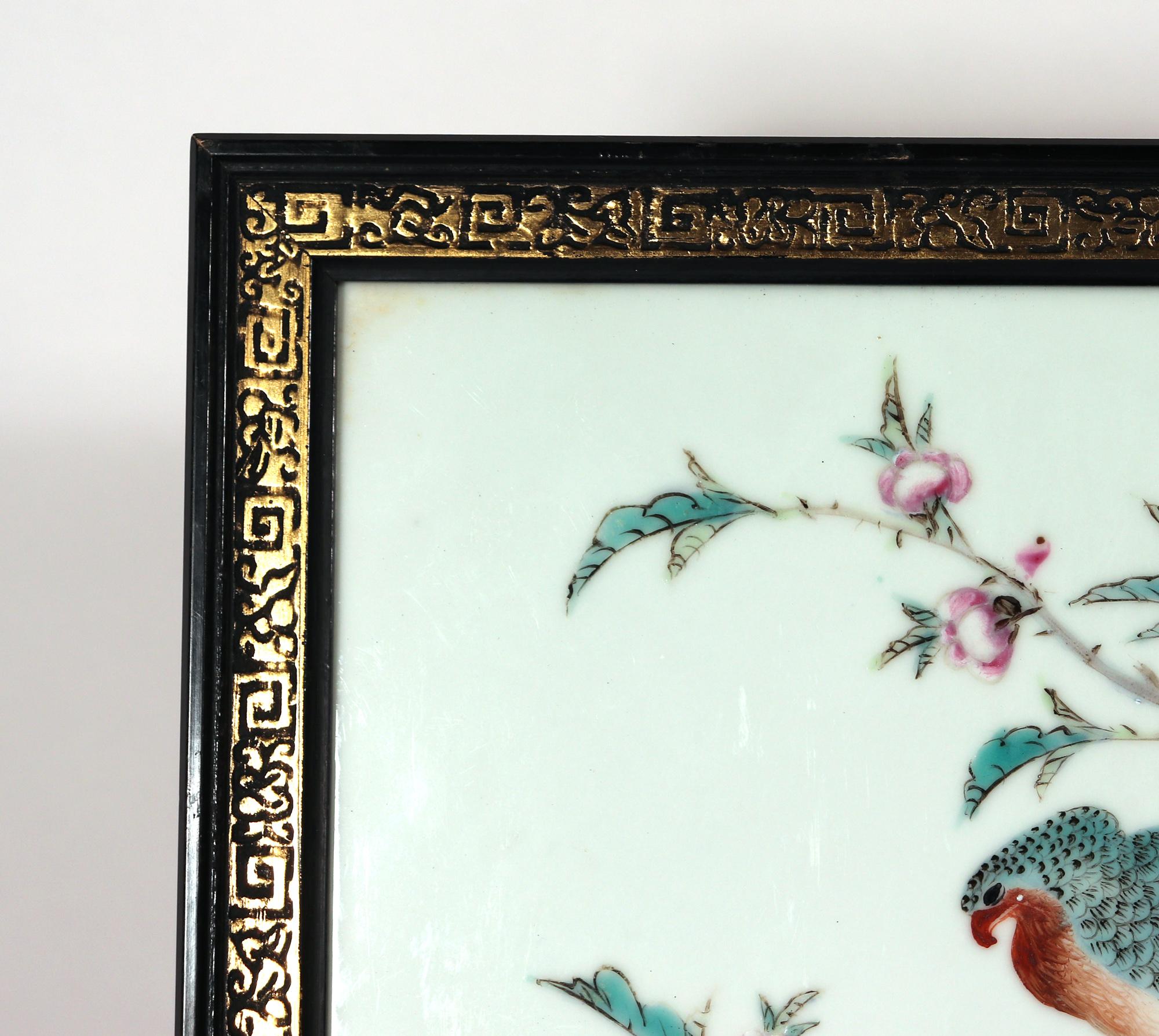 Chinese Porcelain Framed Famille Rose Plaque of Long Tailed Hawk on a Rose Tree  For Sale 2