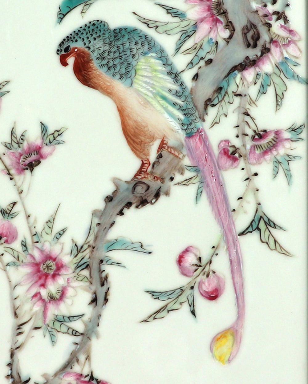 Chinese Porcelain Framed Famille Rose Plaque of Long Tailed Hawk on a Rose Tree For Sale 2
