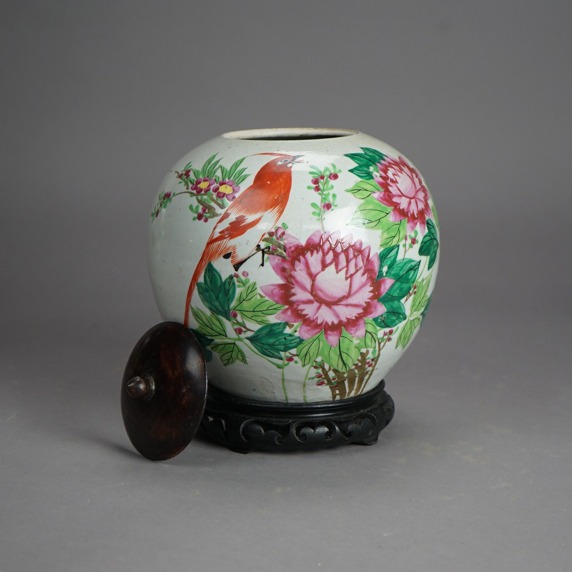 Chinese Porcelain Garden Decorated Urn & Carved Hardwood Base 20th C In Good Condition In Big Flats, NY