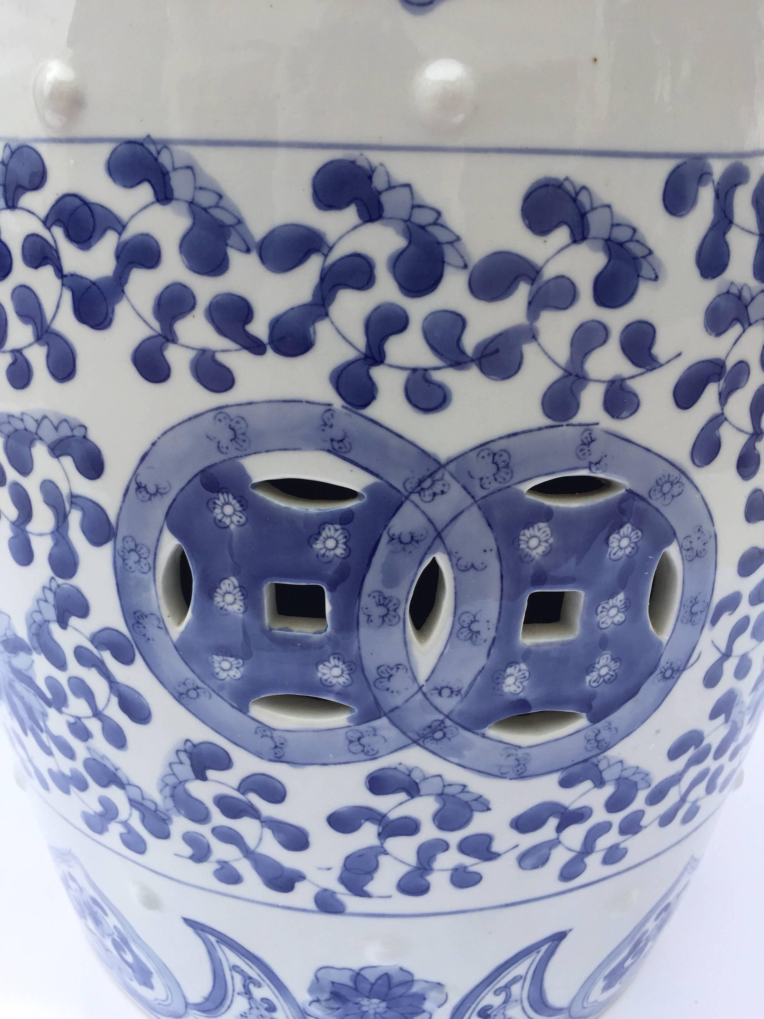 20th Century Ceramic Asian Garden Seat in Blue and White Floral Motifs For Sale