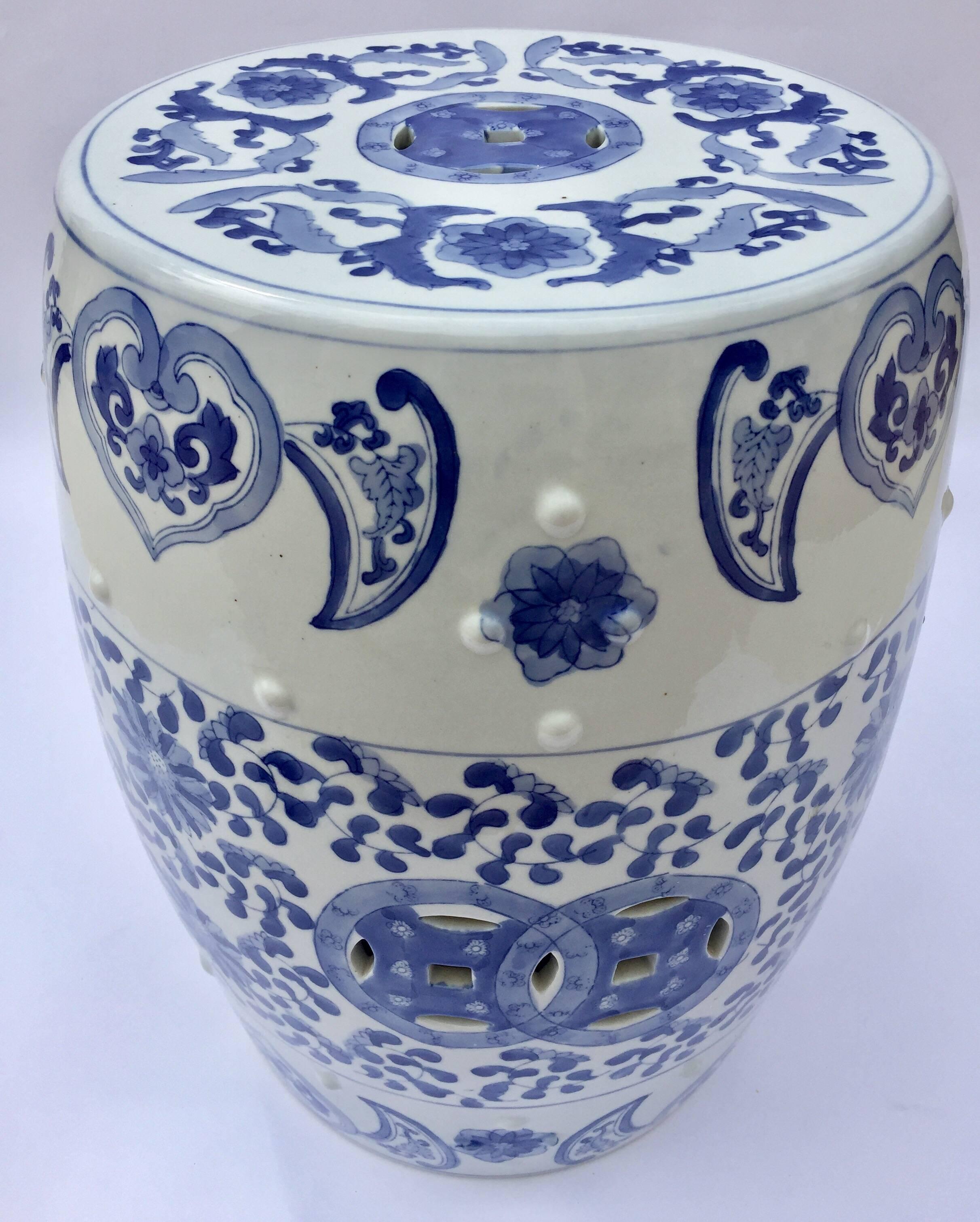 Ceramic Asian Garden Seat in Blue and White Floral Motifs For Sale 2
