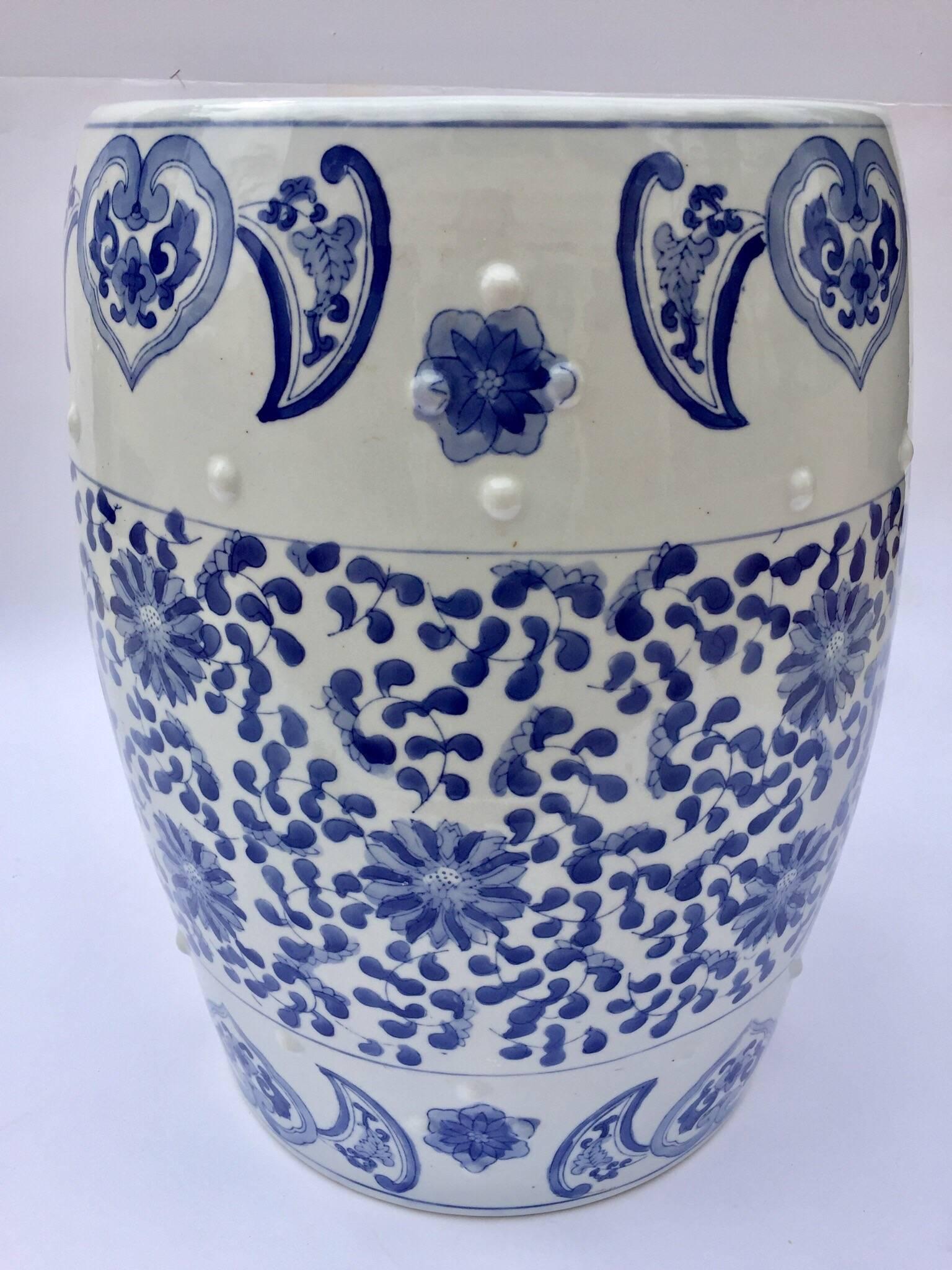 Asian ceramic garden seat or end table in blue and white floral motif.
Blue and white Chinese style ceramic garden stool with hand-painted striking floral chinoiserie floral art work.
Great to use indoor or outdoor as a stool or stand for