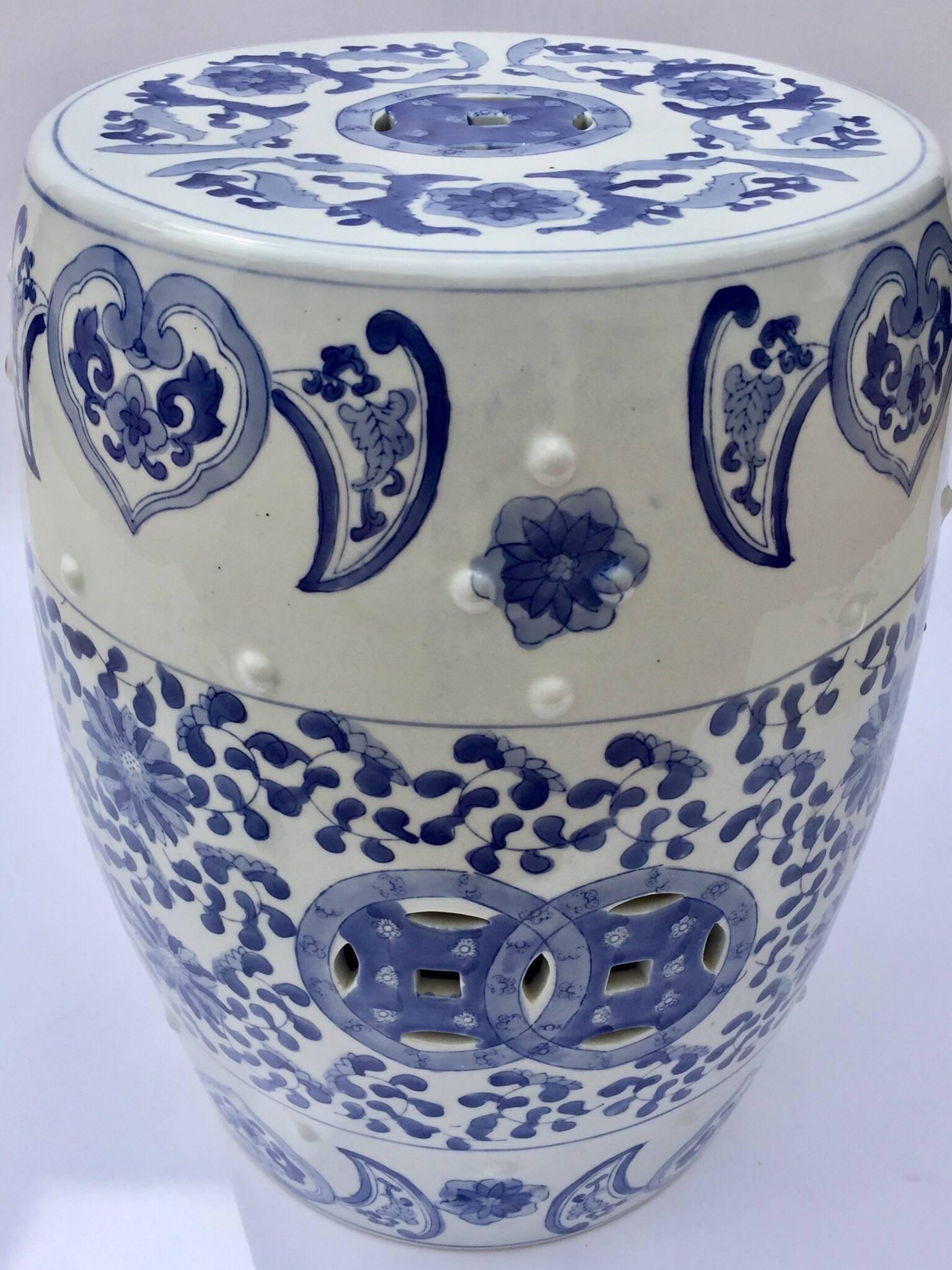Ceramic Asian Garden Seat in Blue and White Floral Motifs In Excellent Condition For Sale In North Hollywood, CA