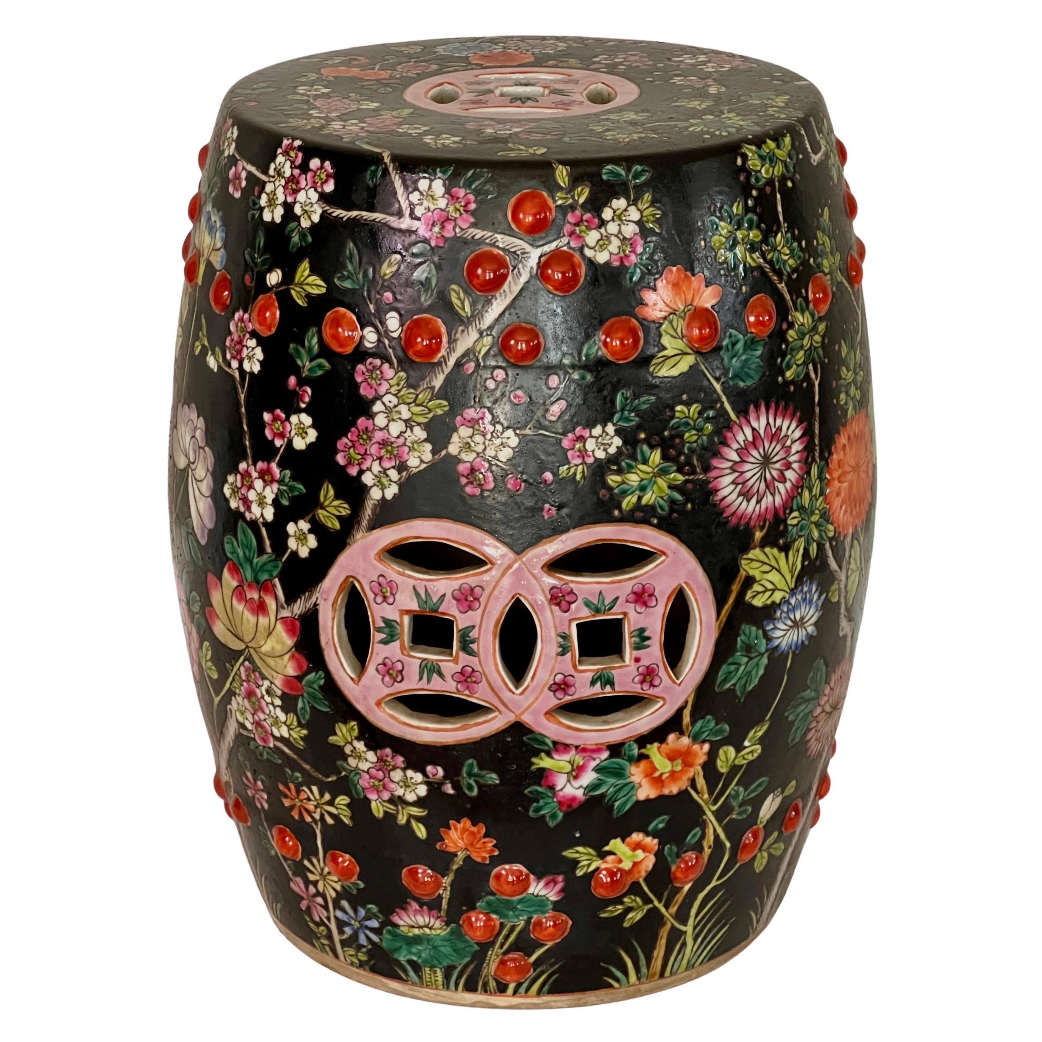Chinese Porcelain Garden Seat or Drum Table, Famille Noir, c. 1910