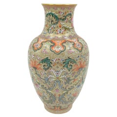 Fine Chinese Porcelain Gold Ground Baluster Vase Scrolling Foliage Blossoms 20c