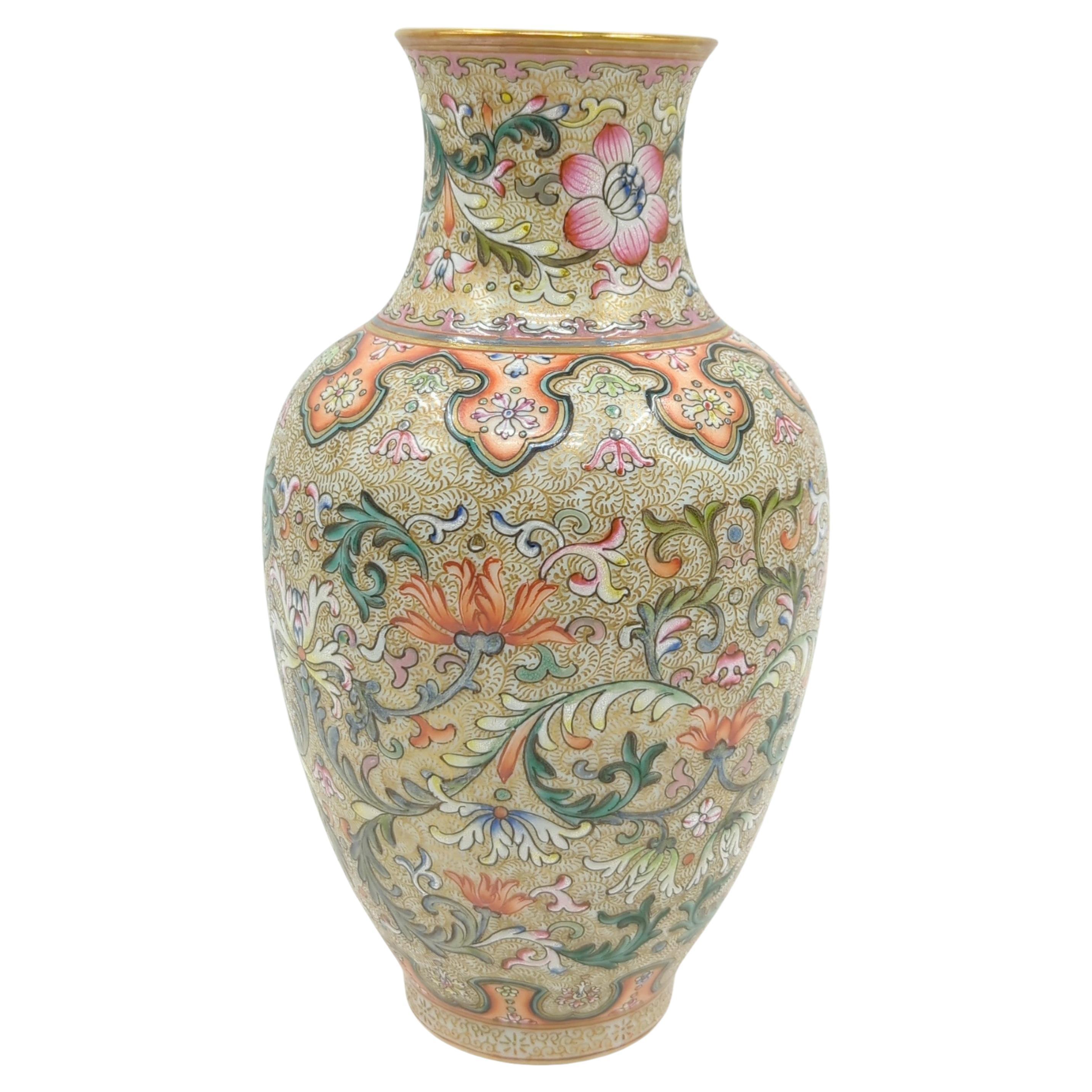 Qing Fine Chinese Porcelain Gold Ground Baluster Vase Scrolling Foliage Blossoms 20c  For Sale