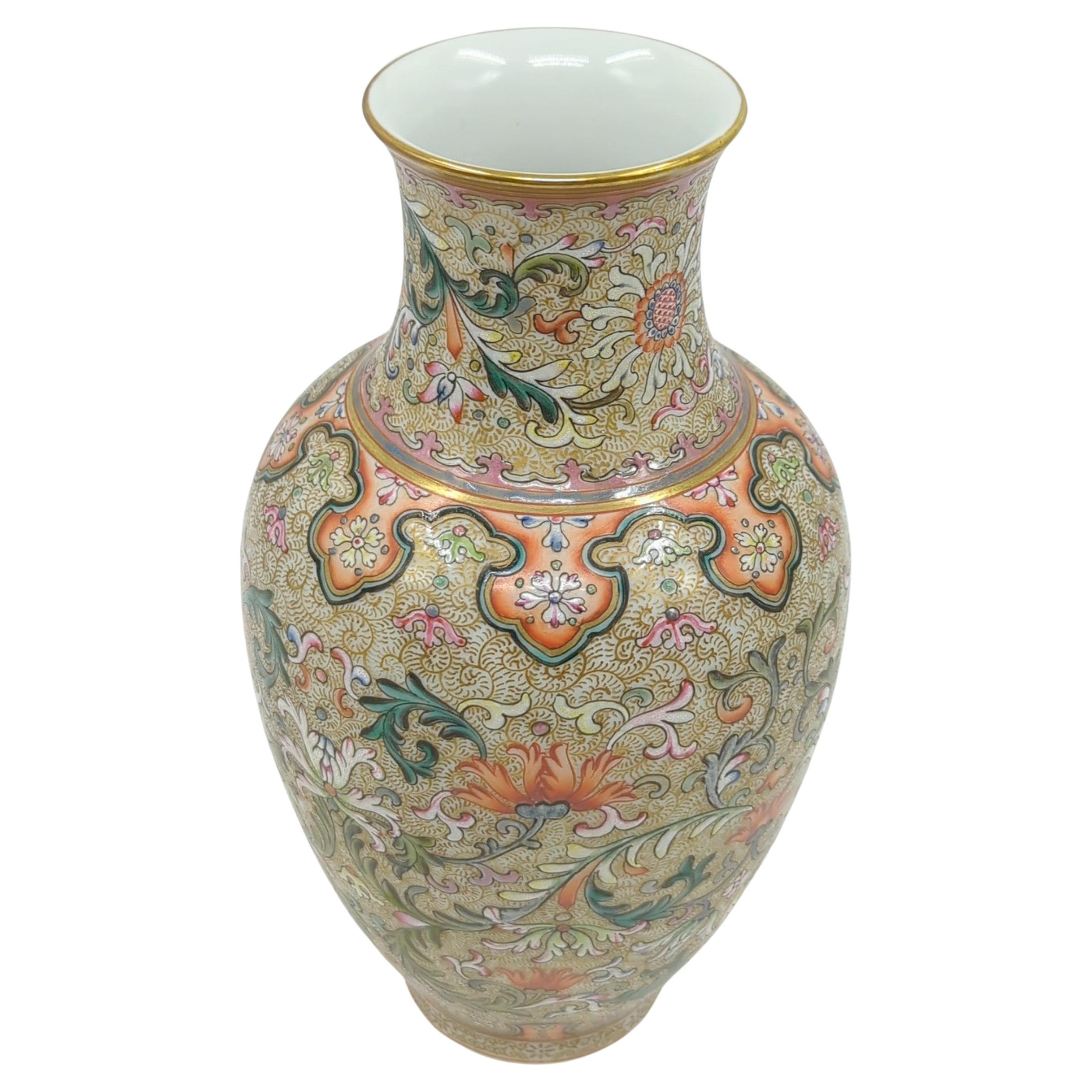 20th Century Fine Chinese Porcelain Gold Ground Baluster Vase Scrolling Foliage Blossoms 20c  For Sale