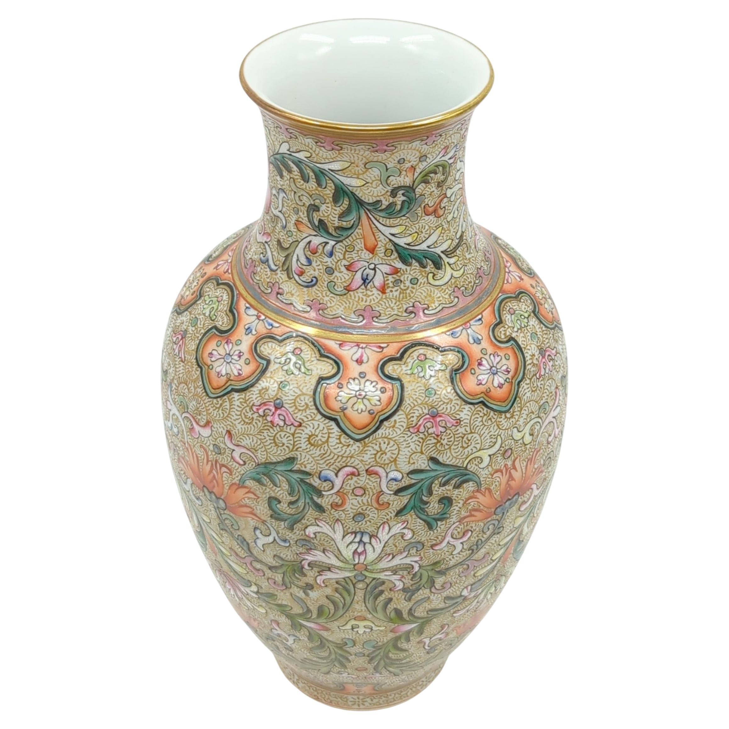 Fine Chinese Porcelain Gold Ground Baluster Vase Scrolling Foliage Blossoms 20c  For Sale 1