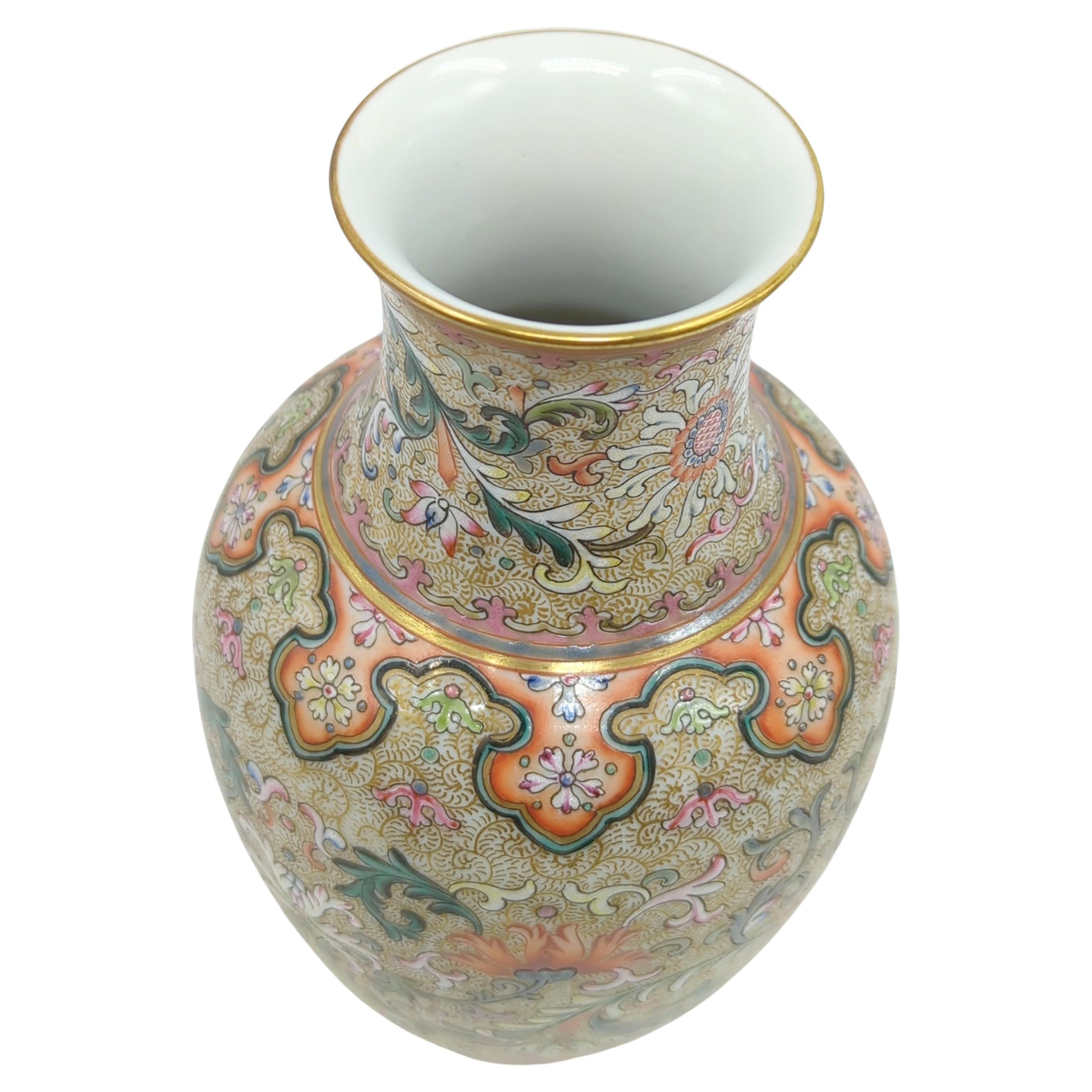 Fine Chinese Porcelain Gold Ground Baluster Vase Scrolling Foliage Blossoms 20c  For Sale 2